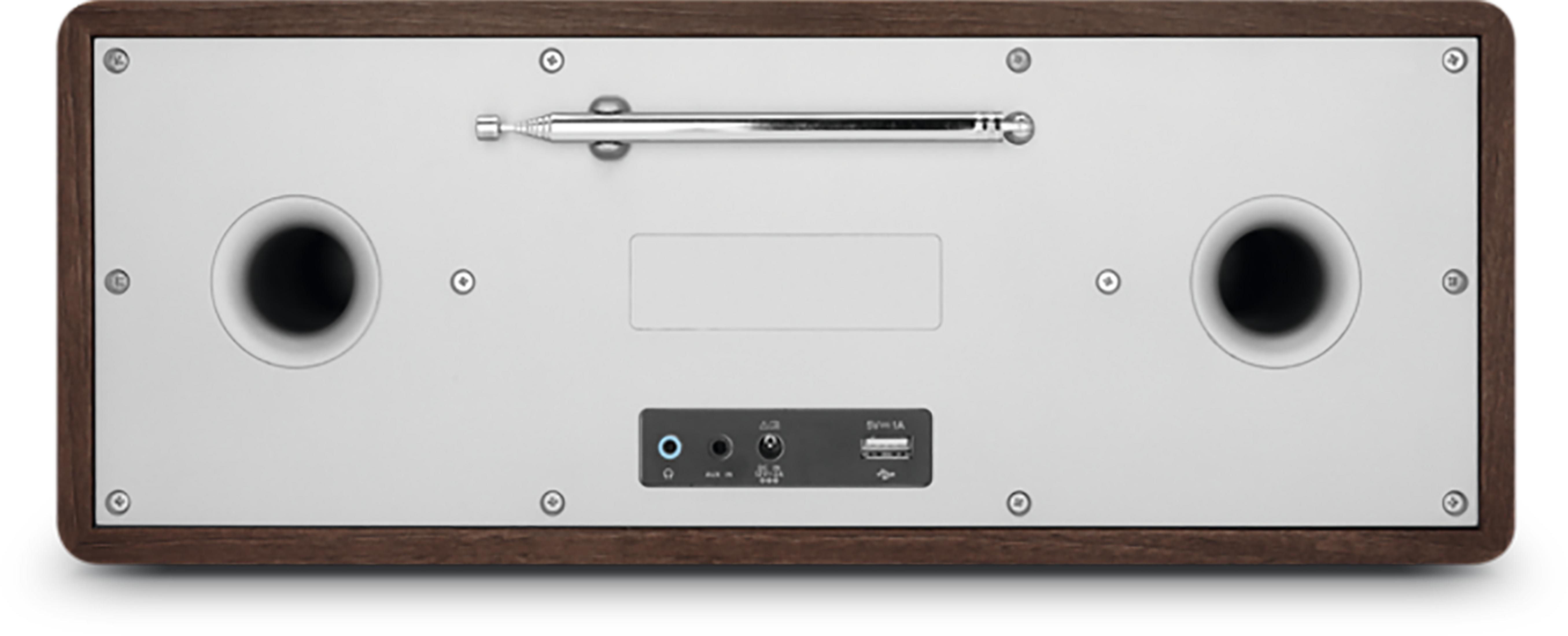 Back of a radio with two speakers, an antenna, and ports.