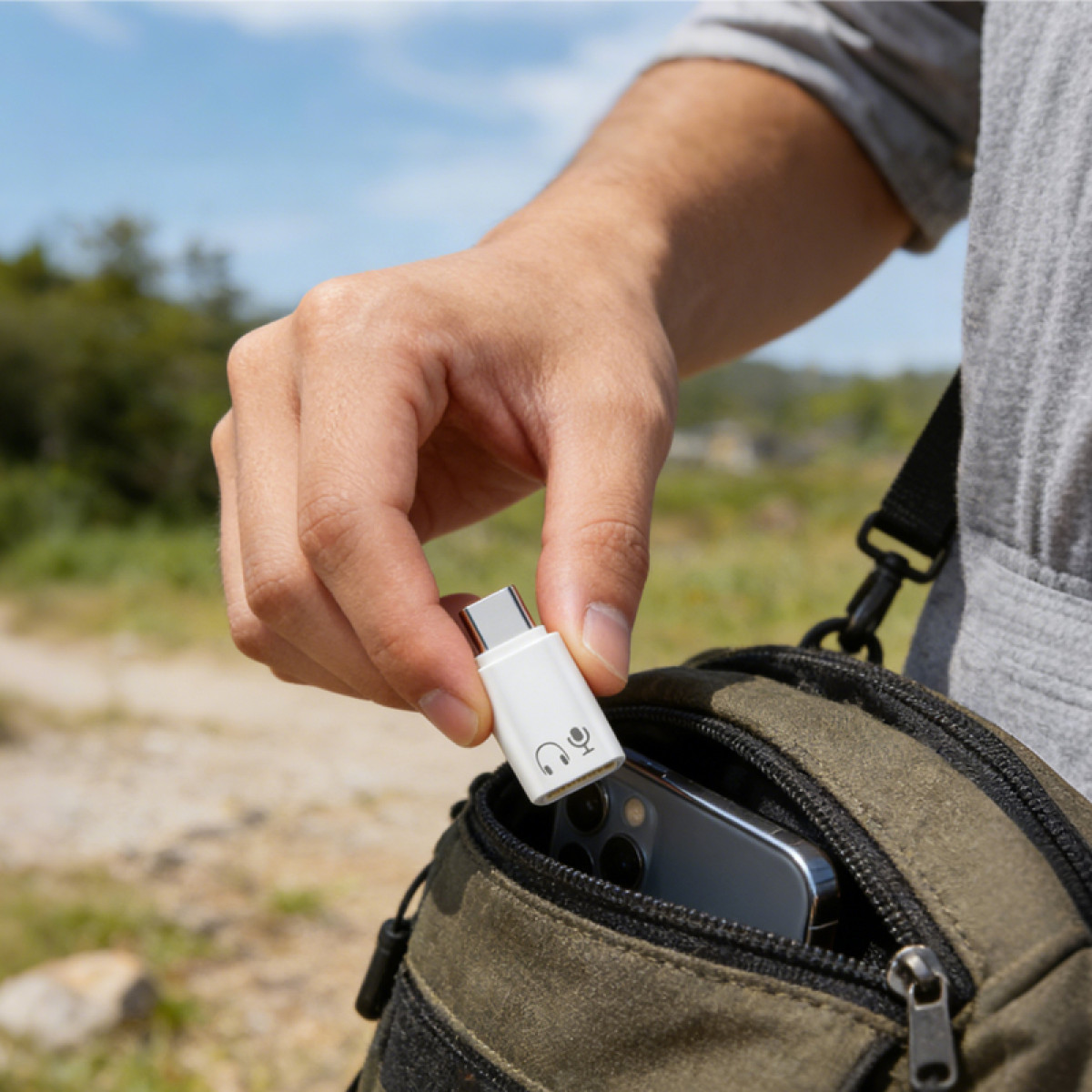 Dłoń trzyma biały adapter USB-C z ikoną słuchawek/mikrofonu nad torbą z telefonem.