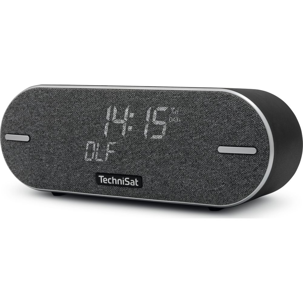 Szary radiobudzik TechniSat z cyfrowym wyświetlaczem 14:15, DAB+