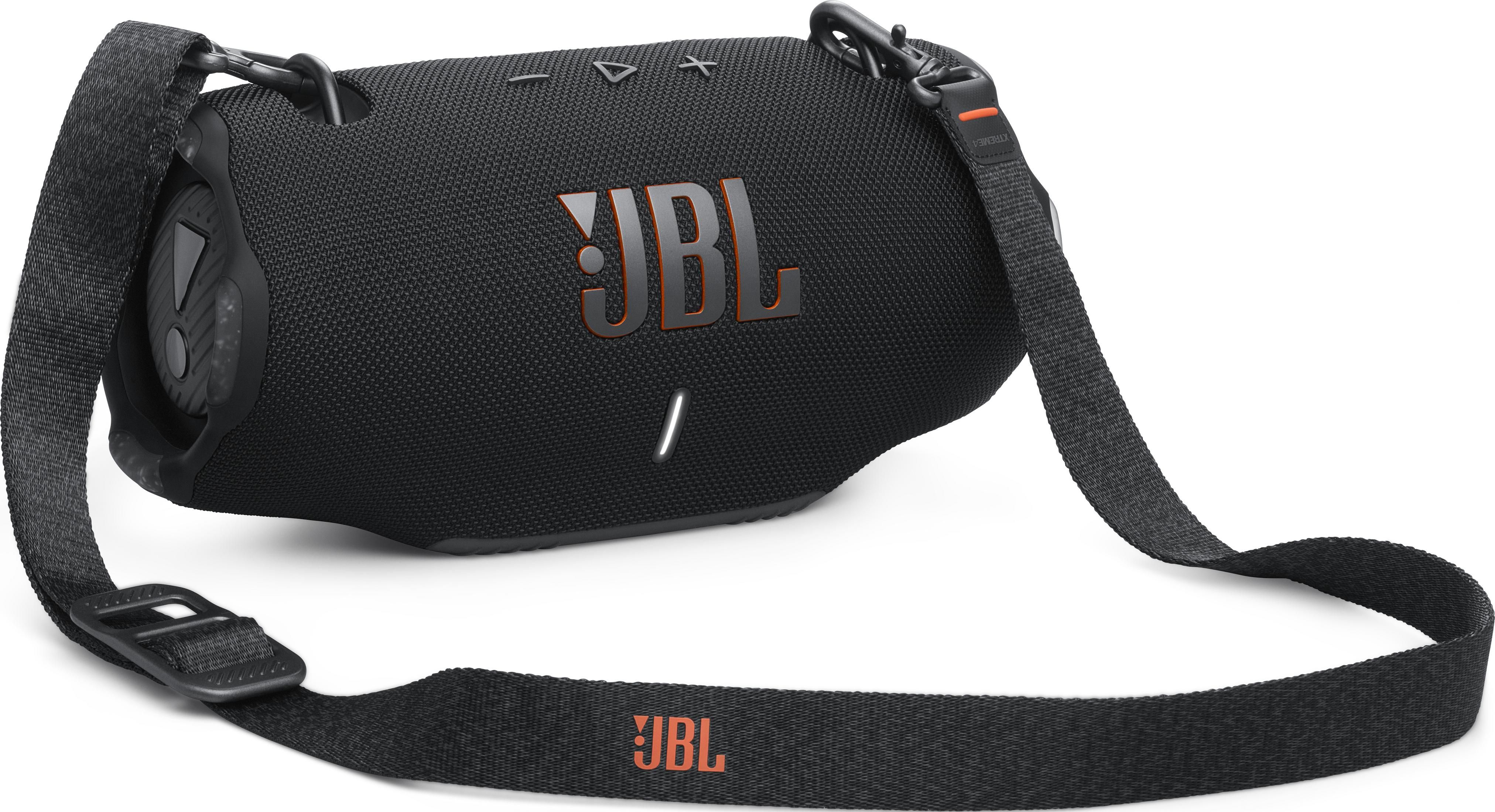 Schwarzer JBL Lautsprecher mit Tragegurt und orangefarbenem Logo.