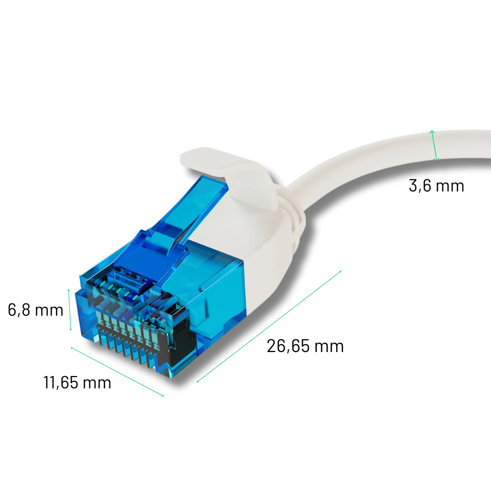 Mavi konektörlü beyaz Ethernet kablosu, boyutları gösteriyor.
