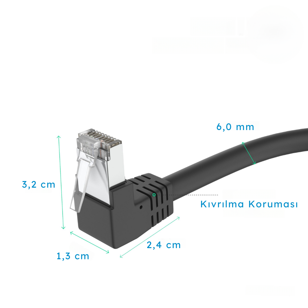 Boyutları olan siyah Ethernet konnektörü. Bükülme koruması.