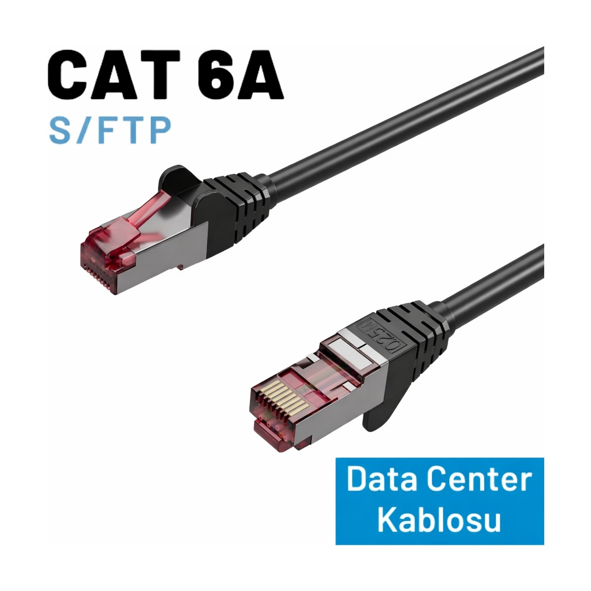 Kırmızı konektörlü iki siyah CAT 6A S/FTP ağ kablosu.