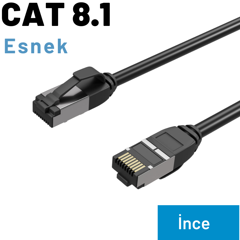 RJ45 konnektörlü siyah bir CAT 8.1 Ethernet kablosu.