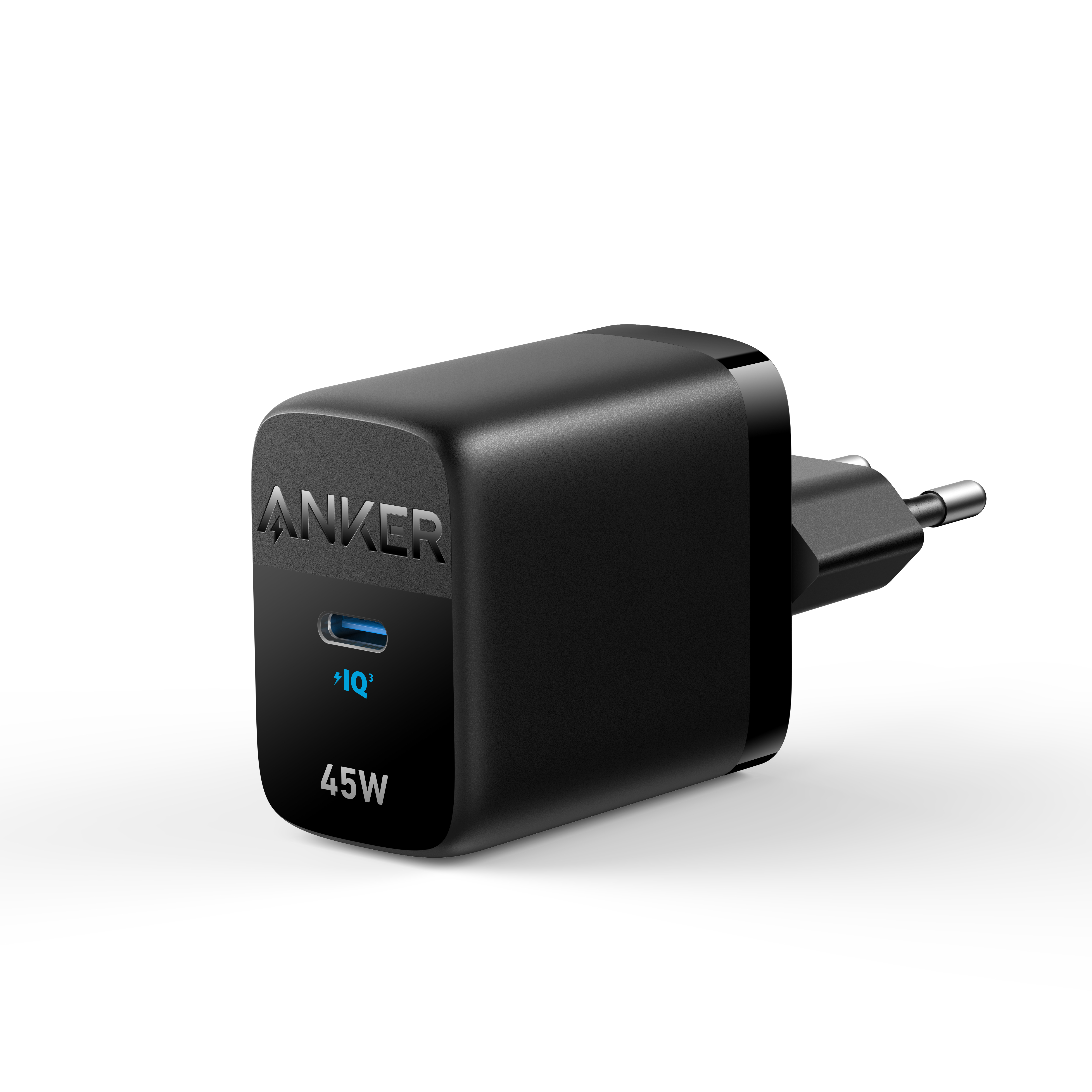 Caricatore Anker USB-C nero 45W con indicatore IQ blu e spina UE.