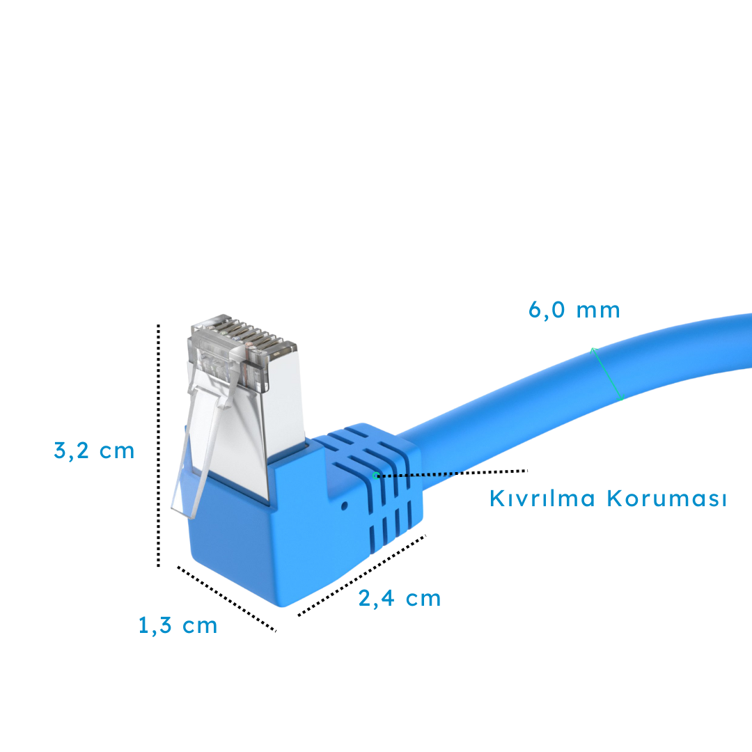 Boyutları ve bükülme koruması olan mavi Ethernet konektörü.