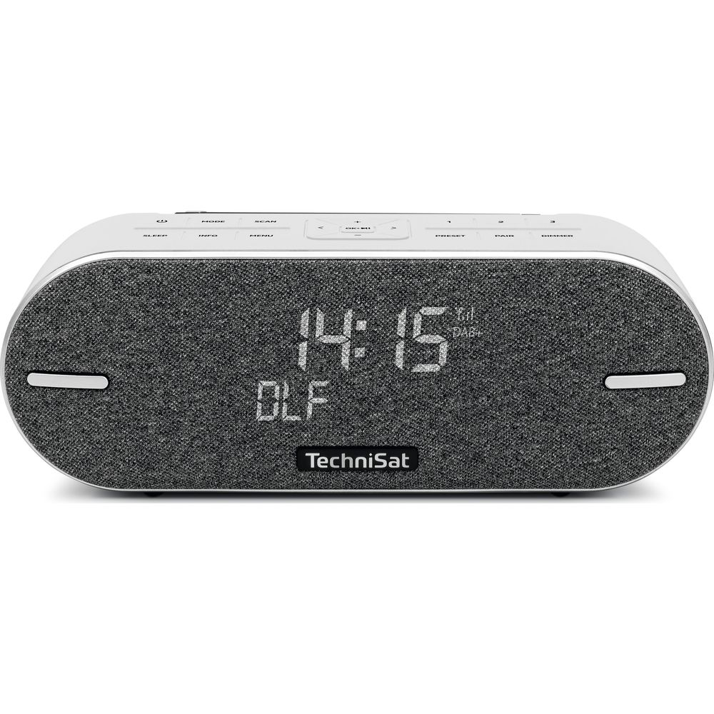 Cyfrowy budzik z szarą tekstylną przednią częścią i białym blatem.