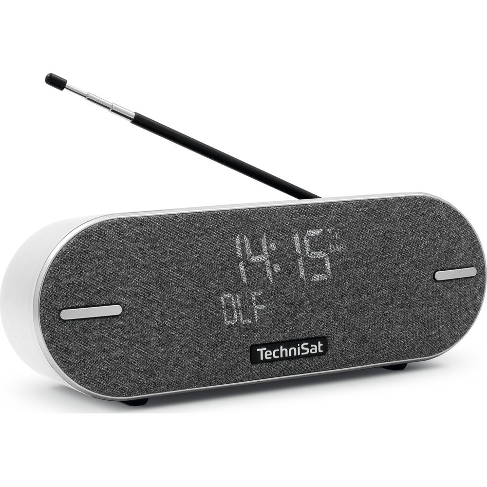 Szary radiobudzik cyfrowy z wysuniętą anteną, pokazuje 14:15.