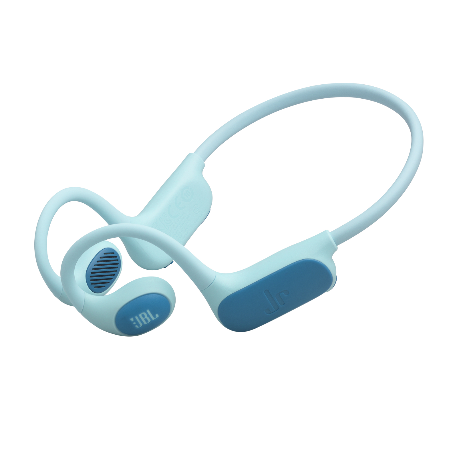 Auriculares infantiles azul claro con detalles azules y logo JBL.