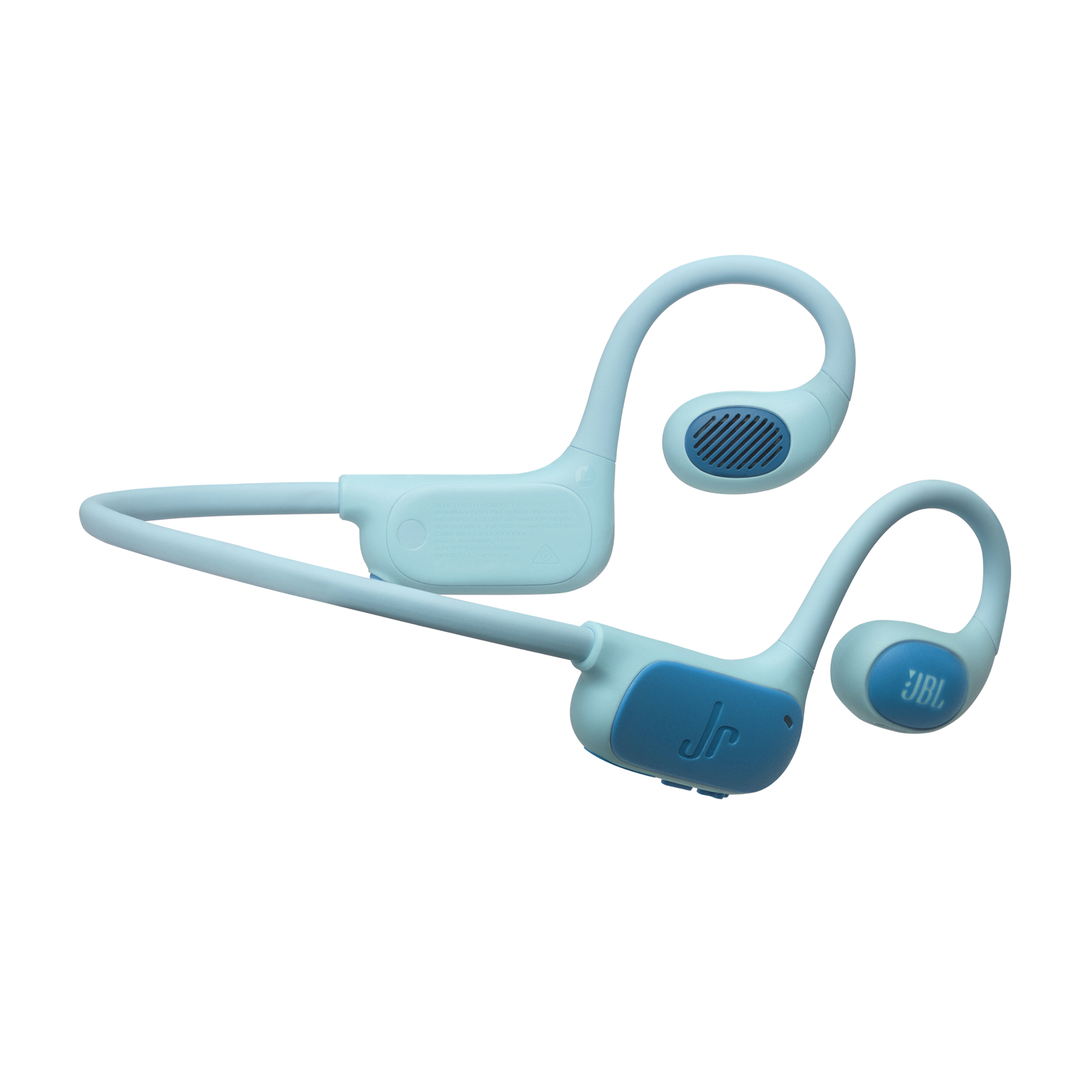 Auriculares azul claro con banda azul y almohadillas. Logo 'Jr' en una almohadilla.