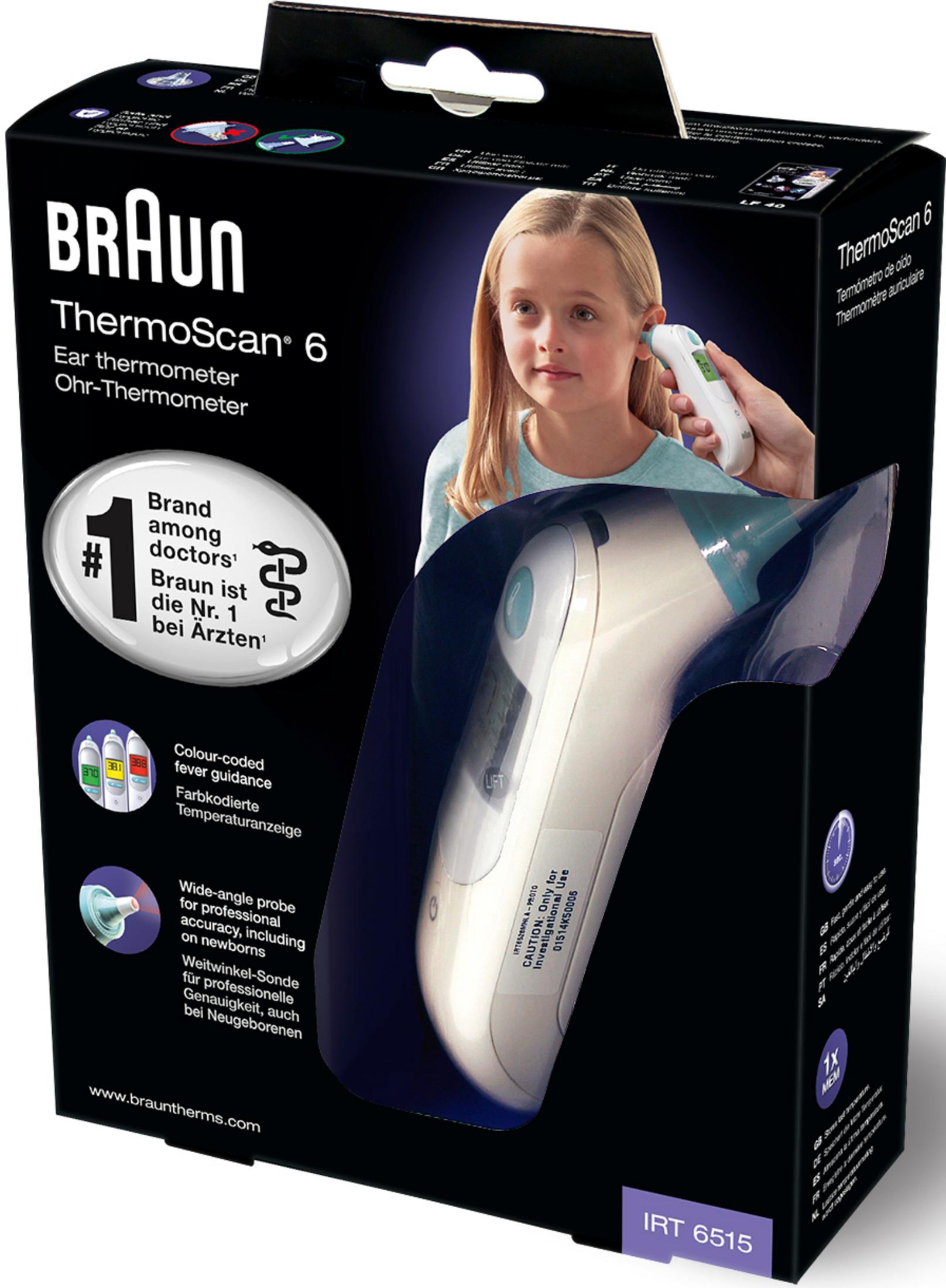 Scatola termometro Braun ThermoScan 6 con bambina che si controlla l'orecchio.