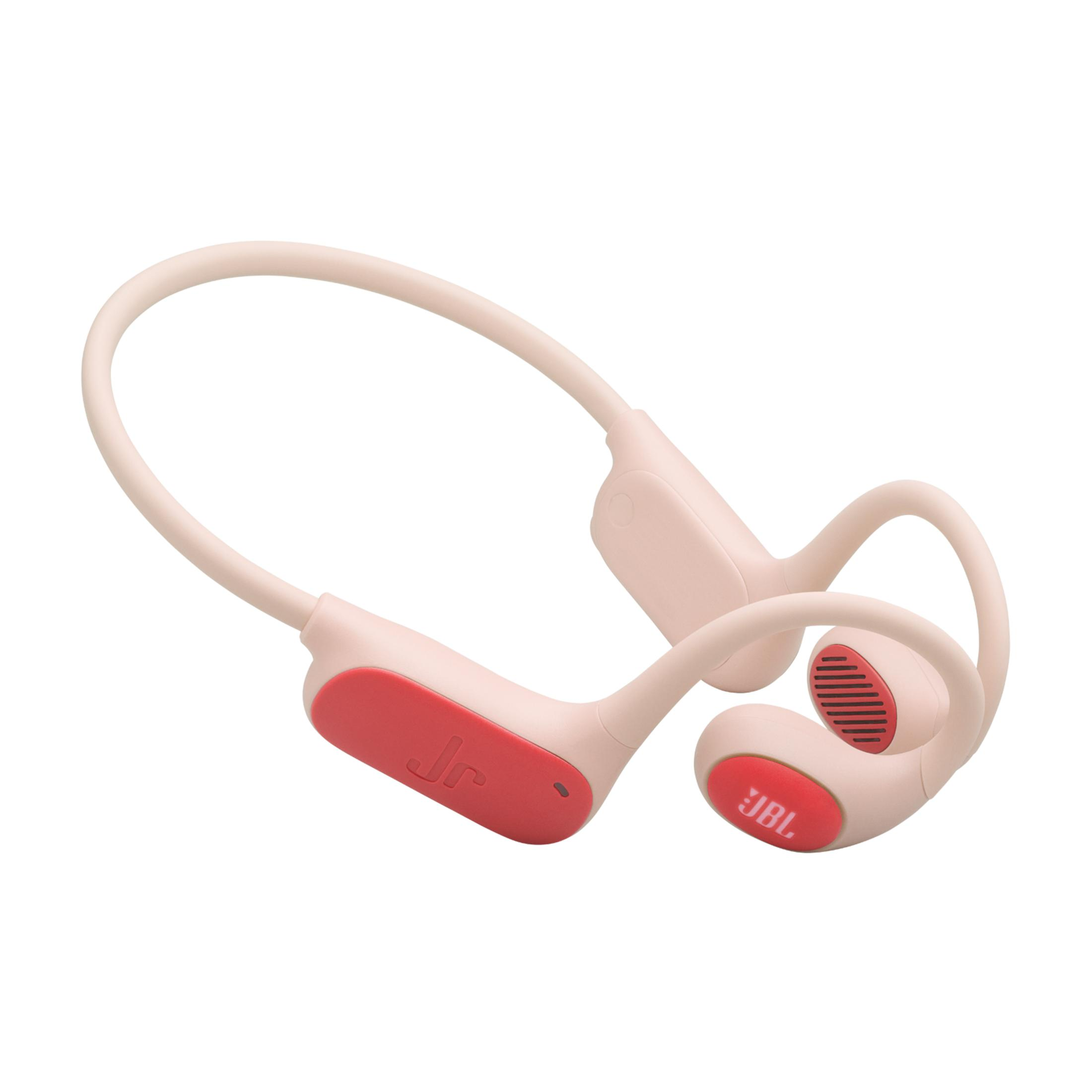 Cuffie da collo rosa con accenti rossi e logo JBL.