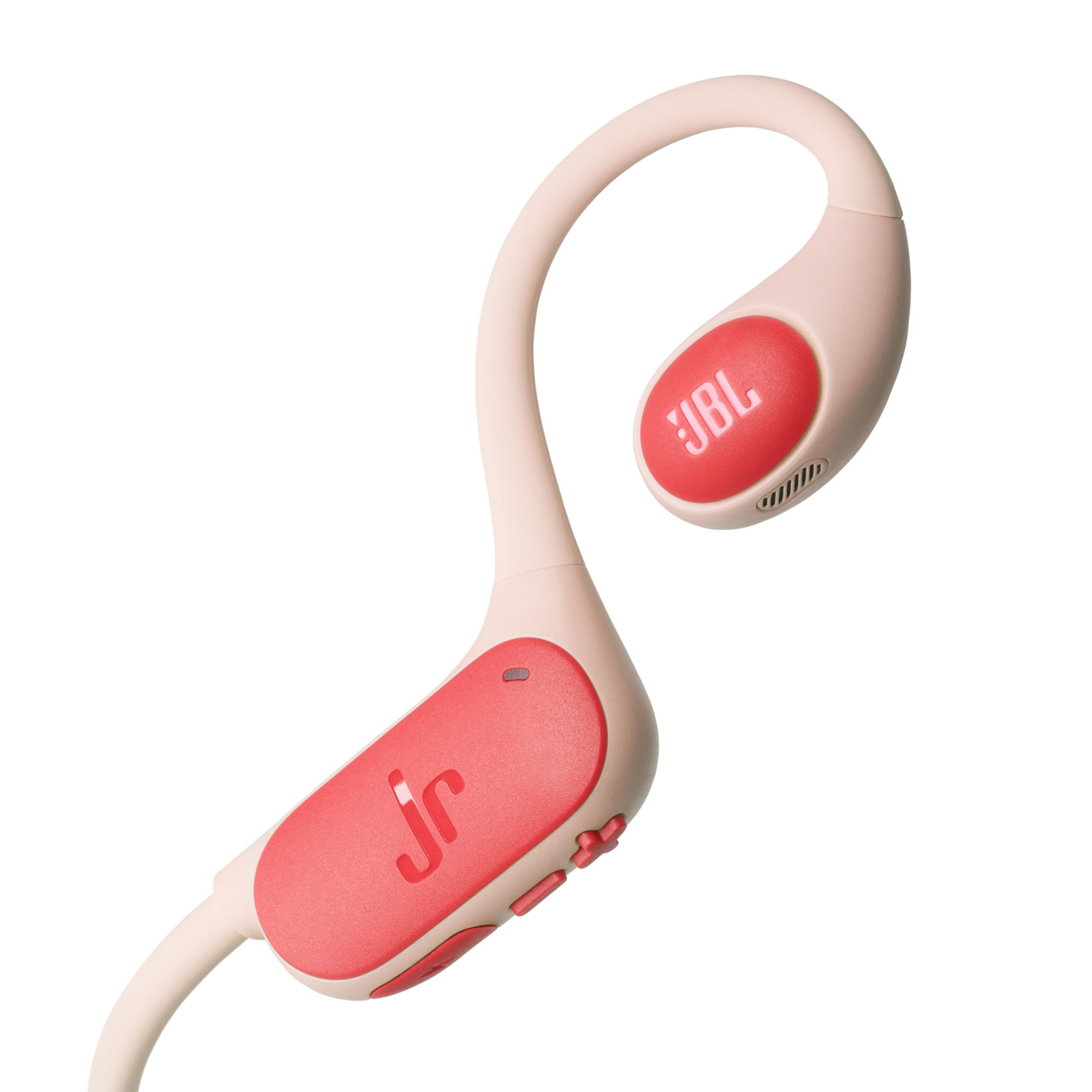 Un auricolare JBL rosa con accenti rossi e logo JR.