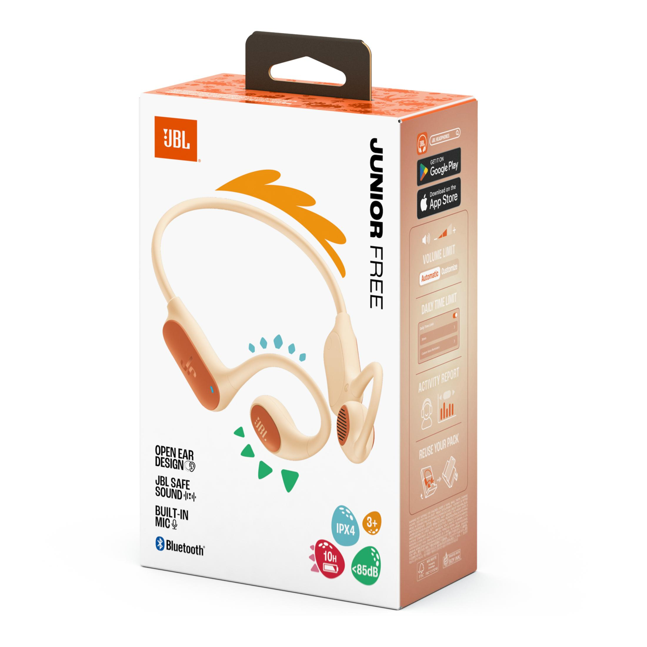Scatola cuffie JBL Junior Free con cuffie e dettagli del prodotto in mostra.