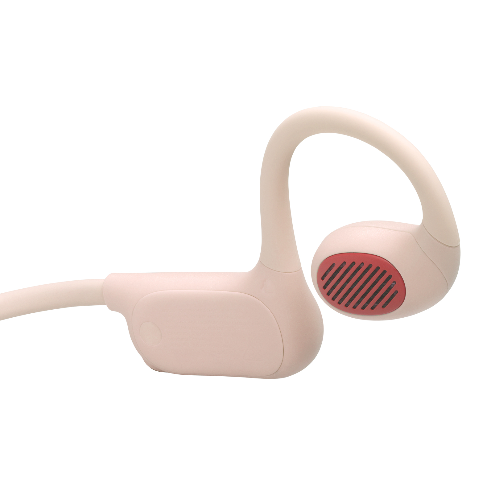 Un auricolare rosa chiaro con griglia dell'altoparlante rossa in primo piano.