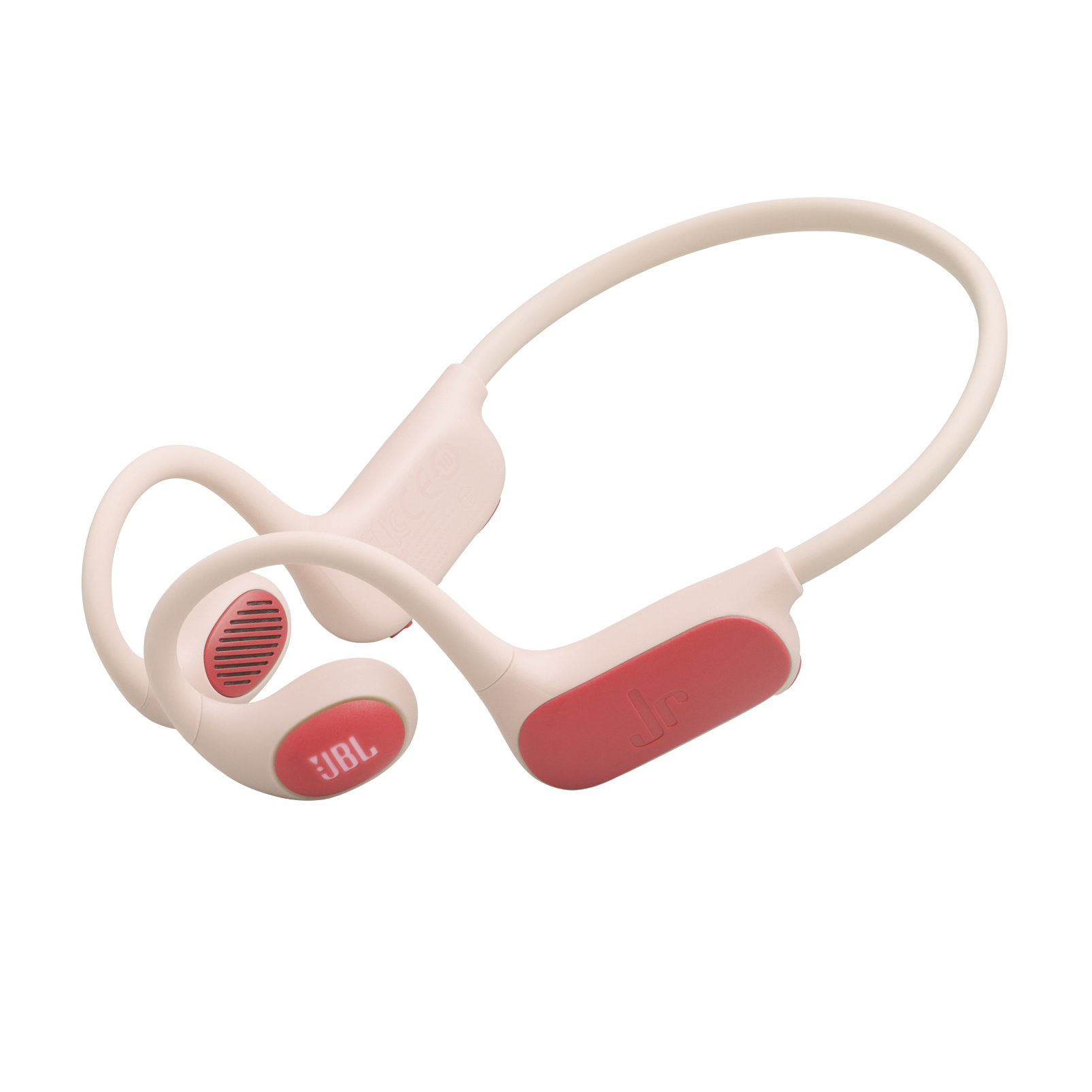 Cuffie JBL beige e rosse con archetto e ganci per orecchie.