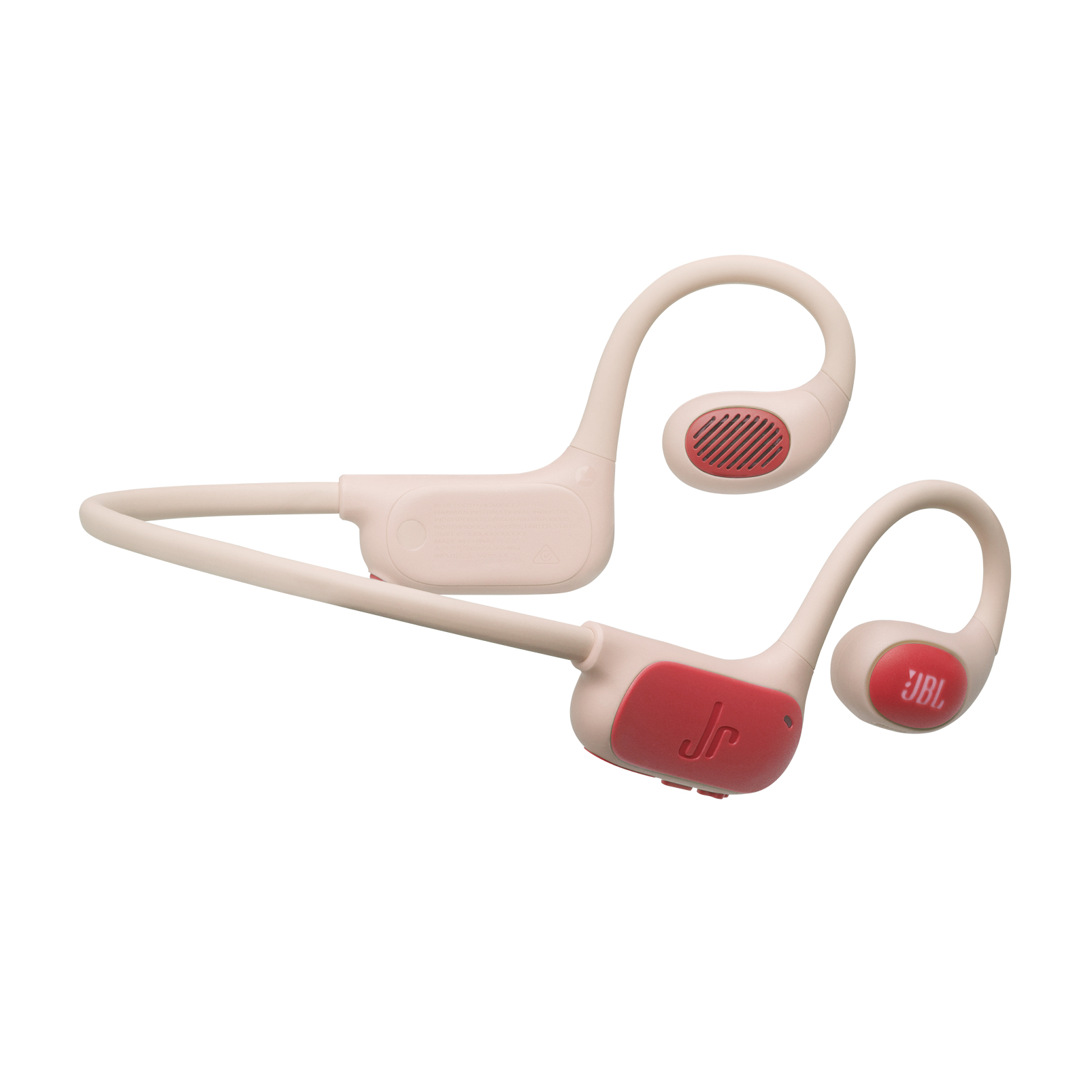 Cuffie beige con accenti rossi e logo JBL.