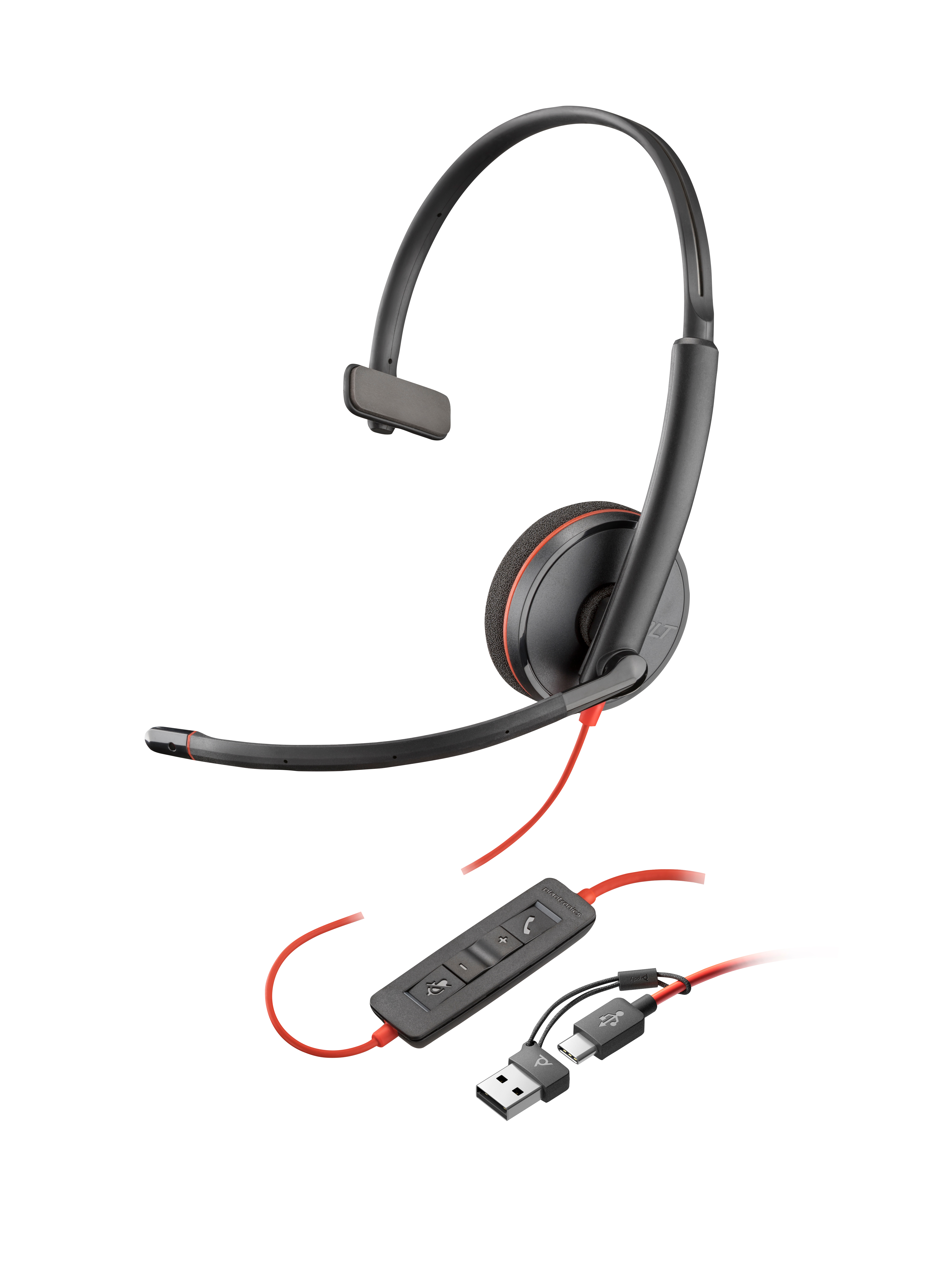 Cuffie nere con accento rosso, microfono e connettore USB-C/USB-A.