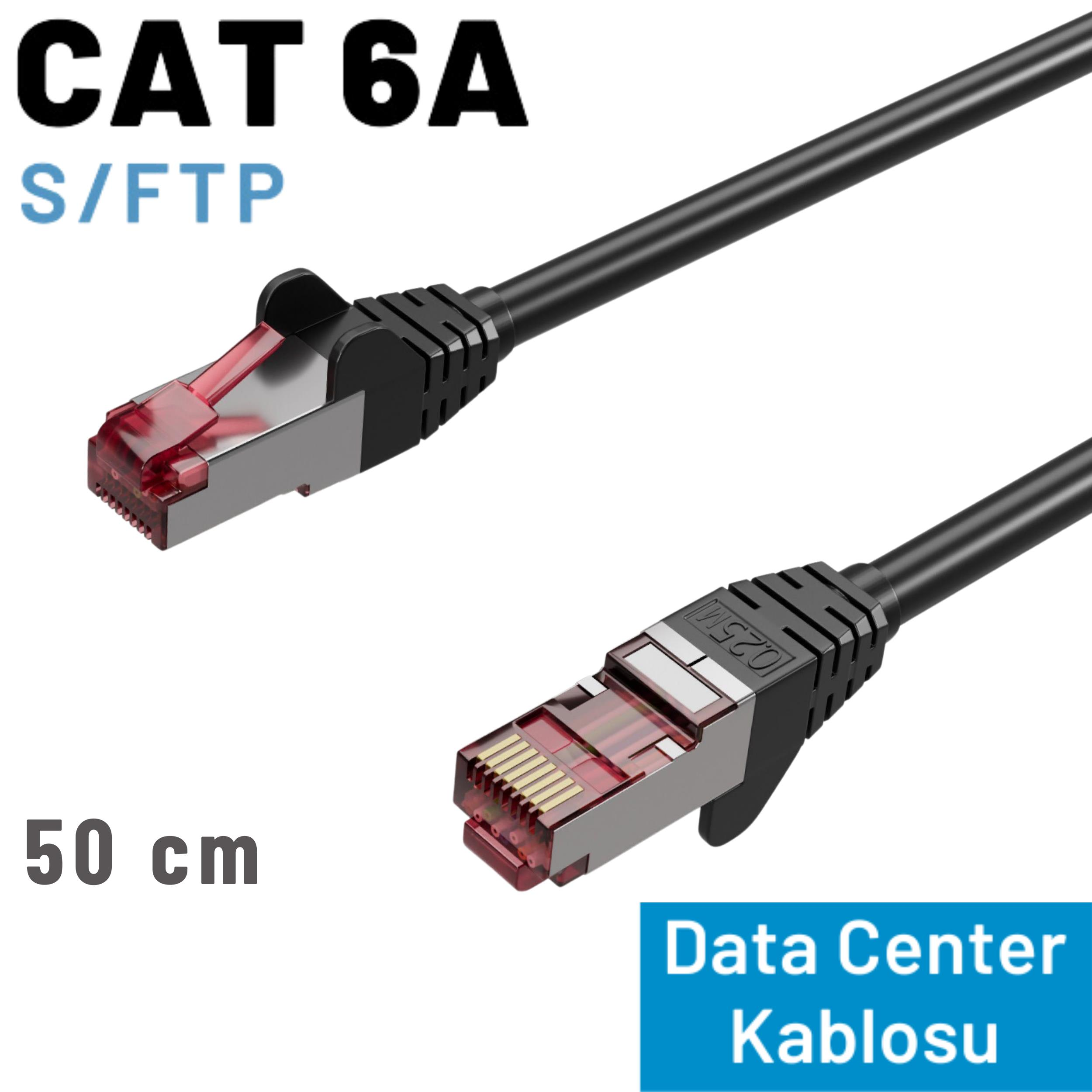 CAT 6A S/FTP ağ kablosu, 50 cm, kırmızı RJ45 konektörlü.