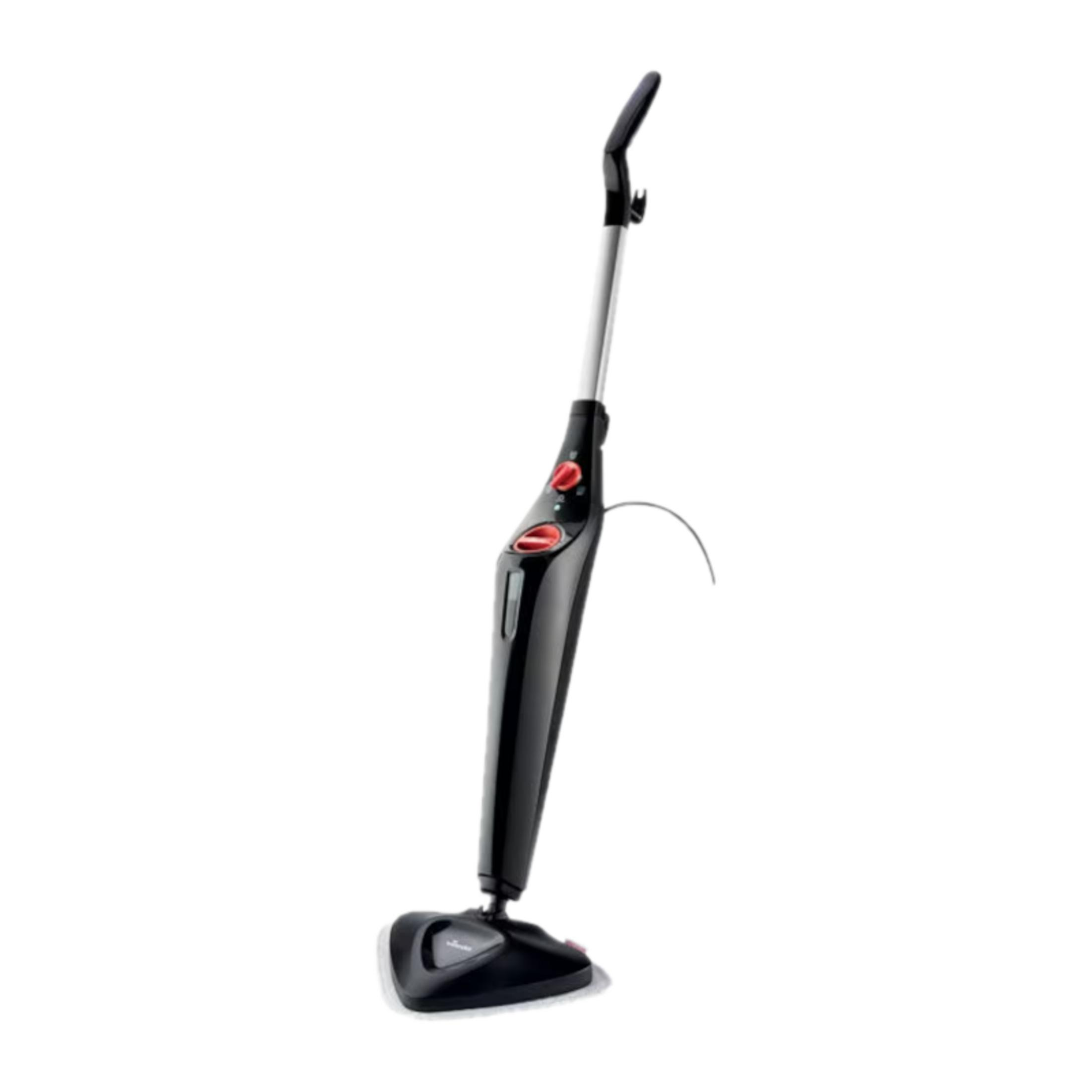 Czarny mop parowy ze srebrną rączką i czerwonymi przyciskami sterującymi.