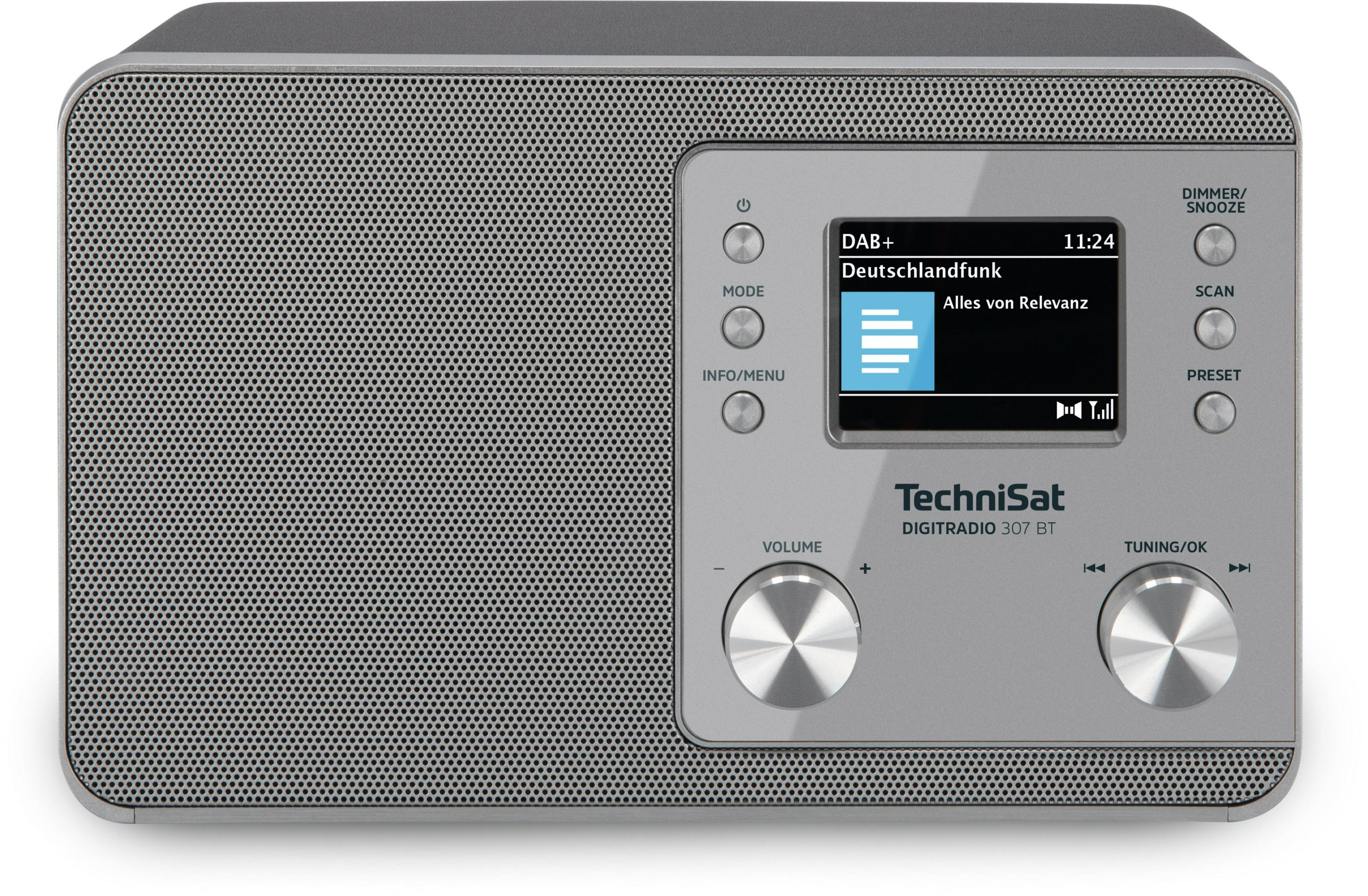 Una TechniSat Digitradio 307 BT grigia con manopole e pulsanti argentati.