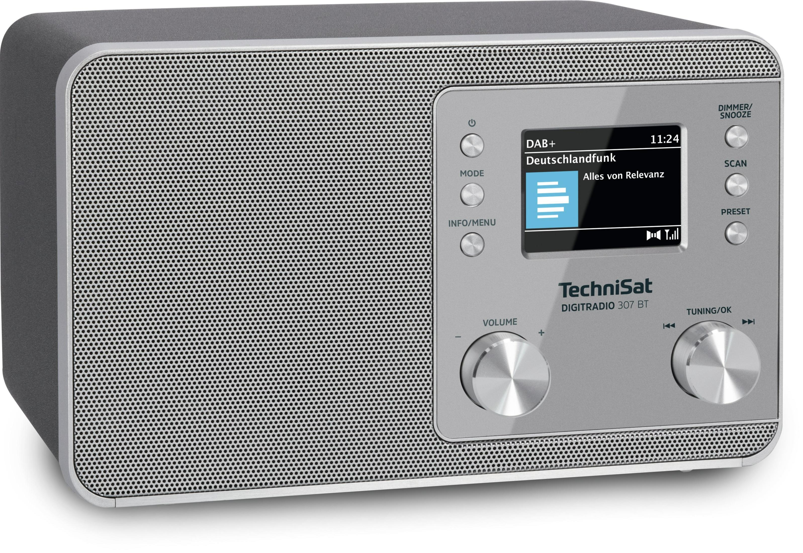 Una radio digitale TechniSat argentata con display, pulsanti e manopole.