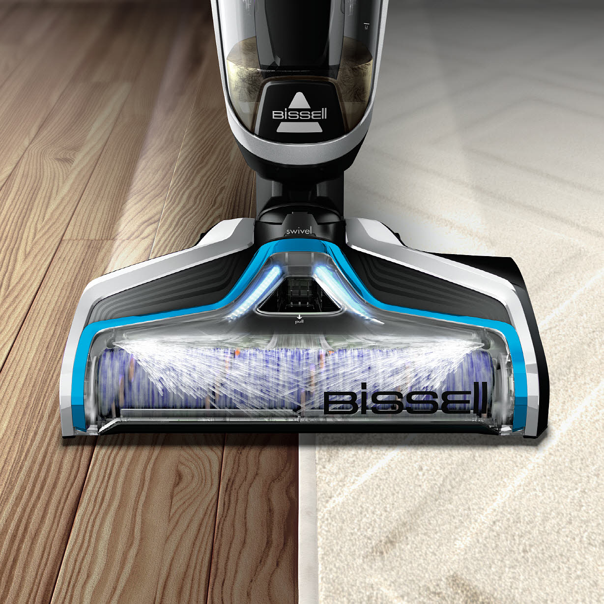 Aspirapolvere Bissell pulisce parquet e tappeto con spazzola rotante.