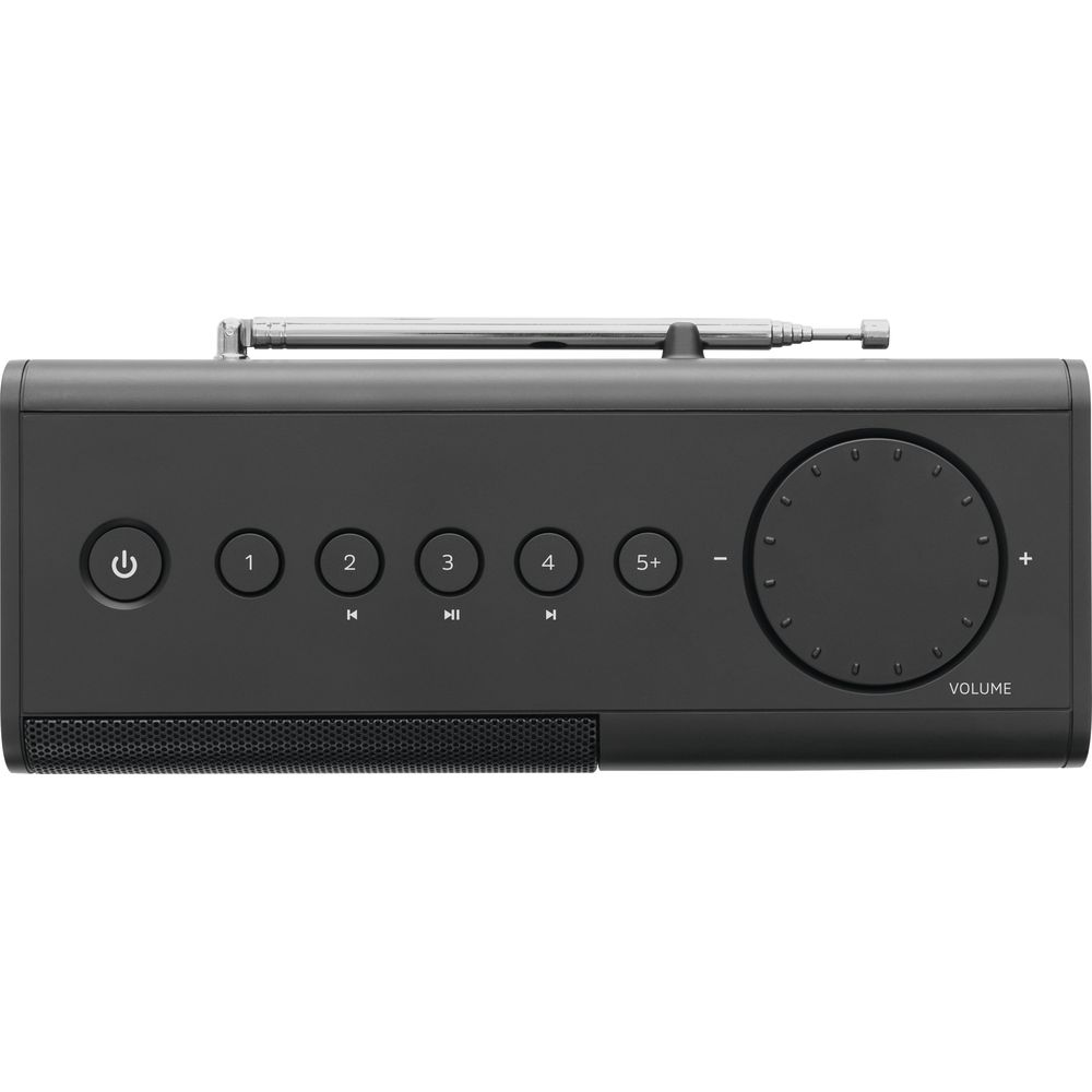 Czarny głośnik z przyciskami: Włącz/wyłącz, 1-4, 5+, pokrętło głośności i antena.