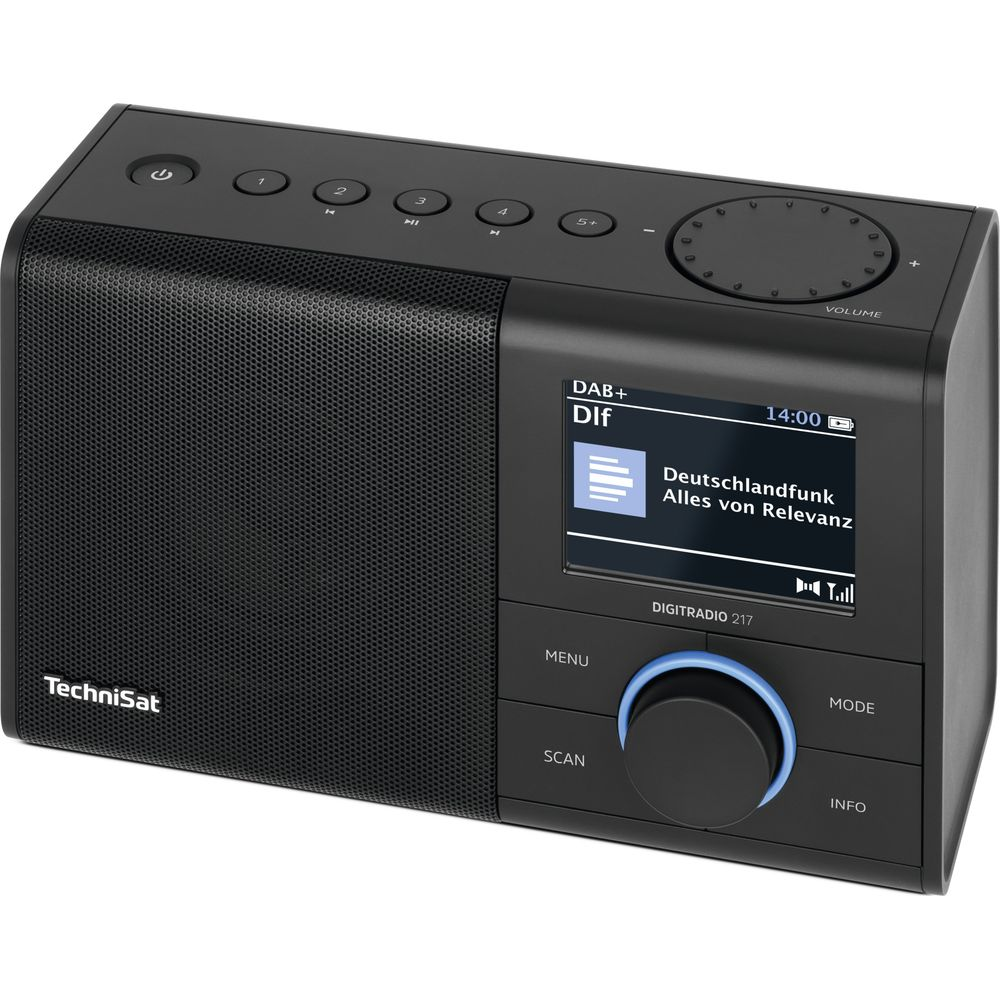 Czarno-białe radio cyfrowe TechniSat z wyświetlaczem i przyciskami.