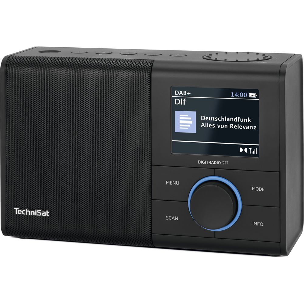 Czarno-białe radio cyfrowe TechniSat z wyświetlaczem pokazującym Deutschlandfunk.