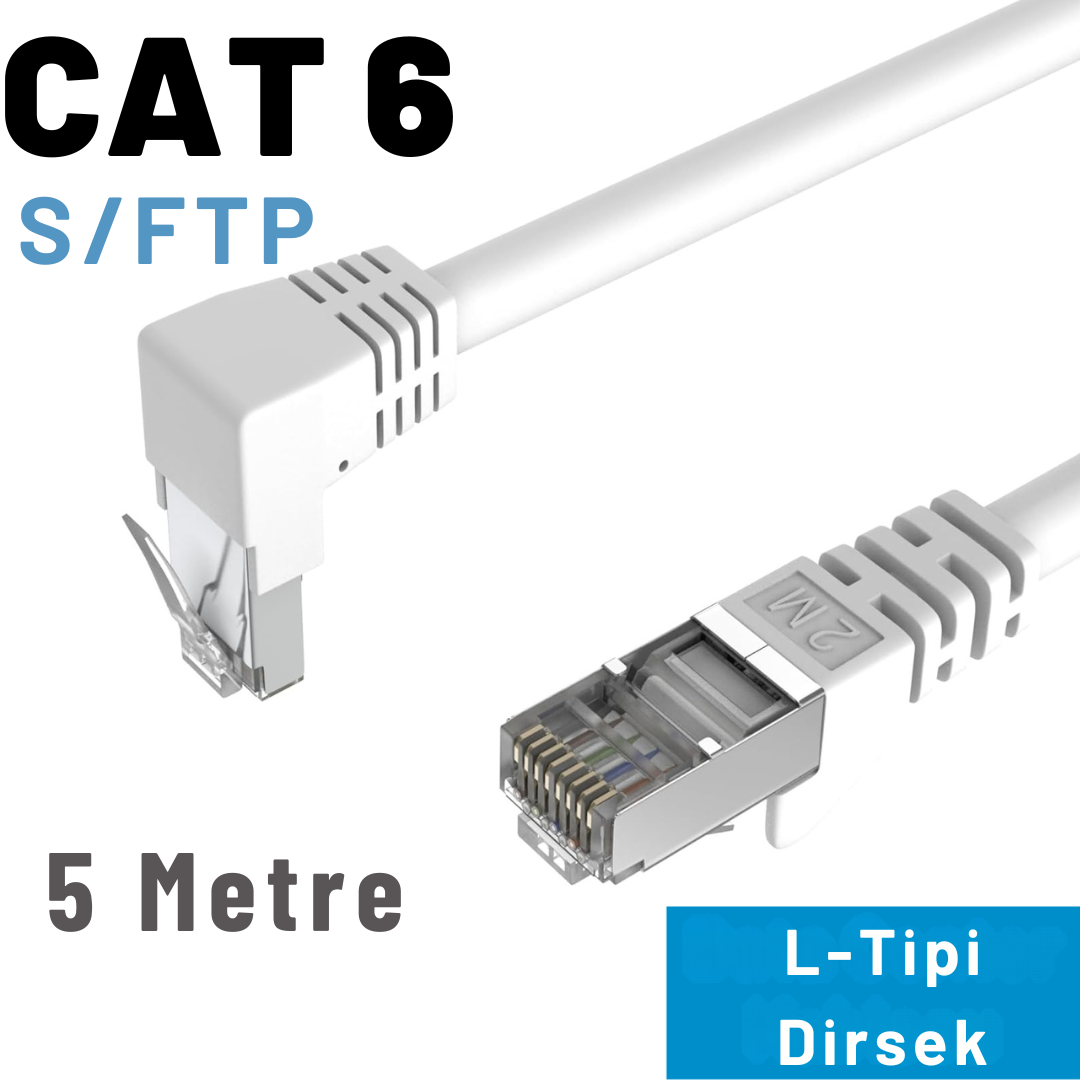 Beyaz Cat 6 S/FTP ağ kablosu, 5 metre uzunluğunda, dik açılı konektörlü.