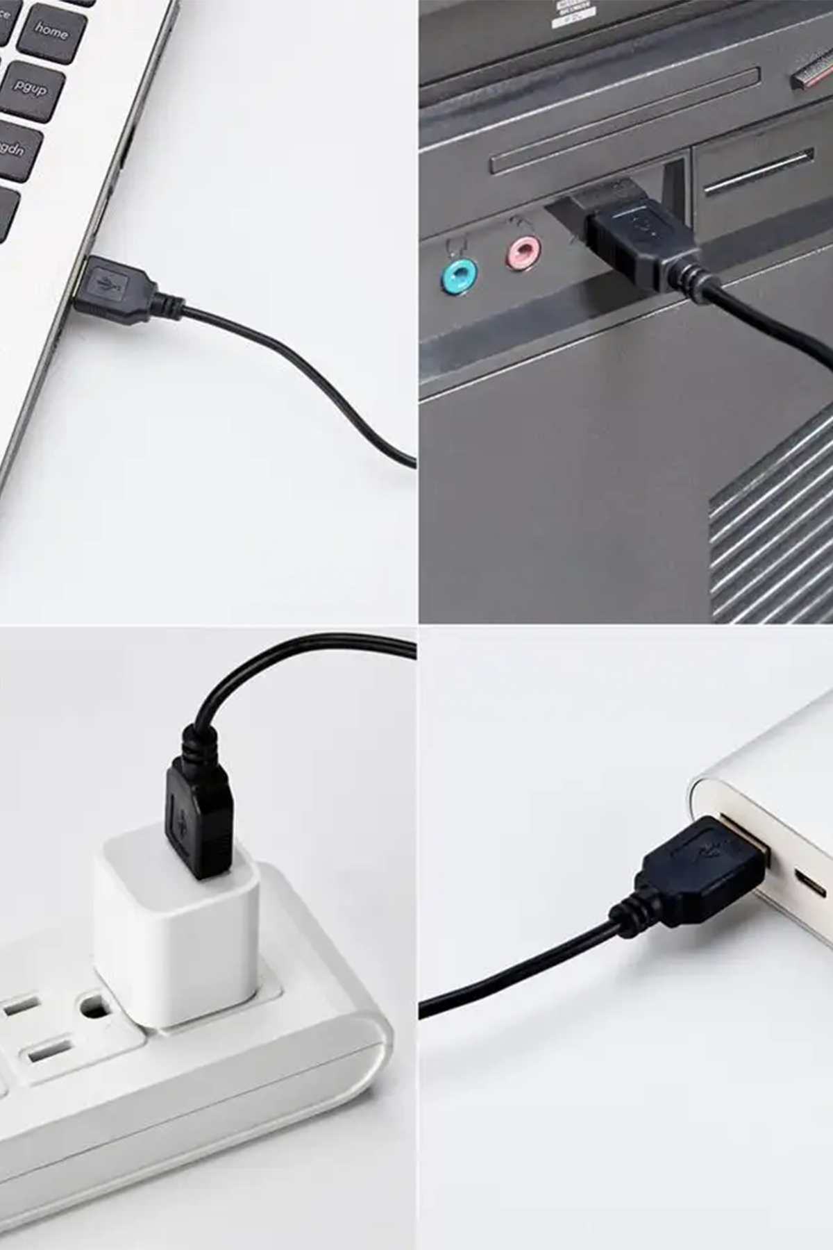 USB kablosu dizüstü bilgisayara, PC'ye, adaptöre ve power bank'e takılıyor.