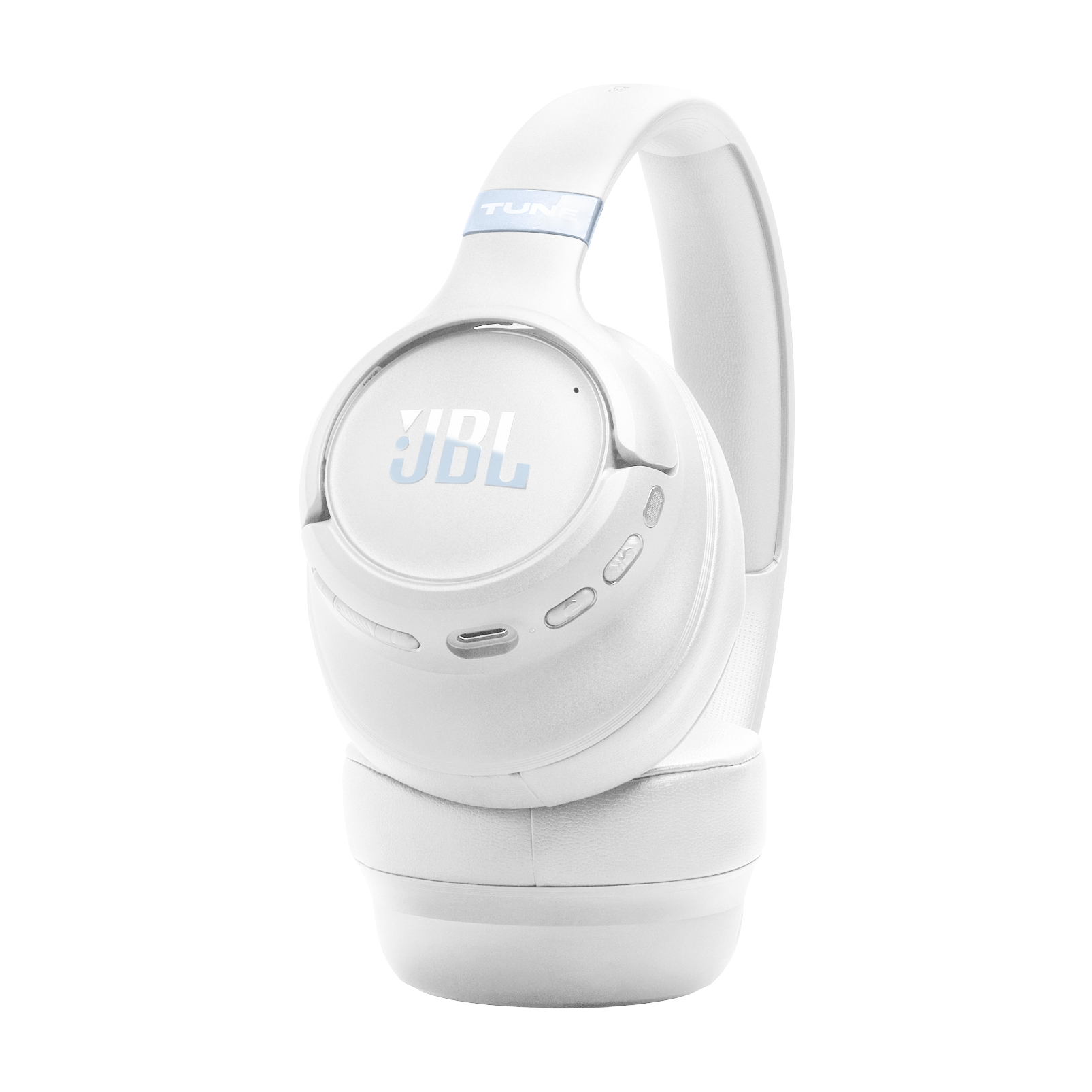 Cuffie JBL bianche con accento blu e logo JBL.