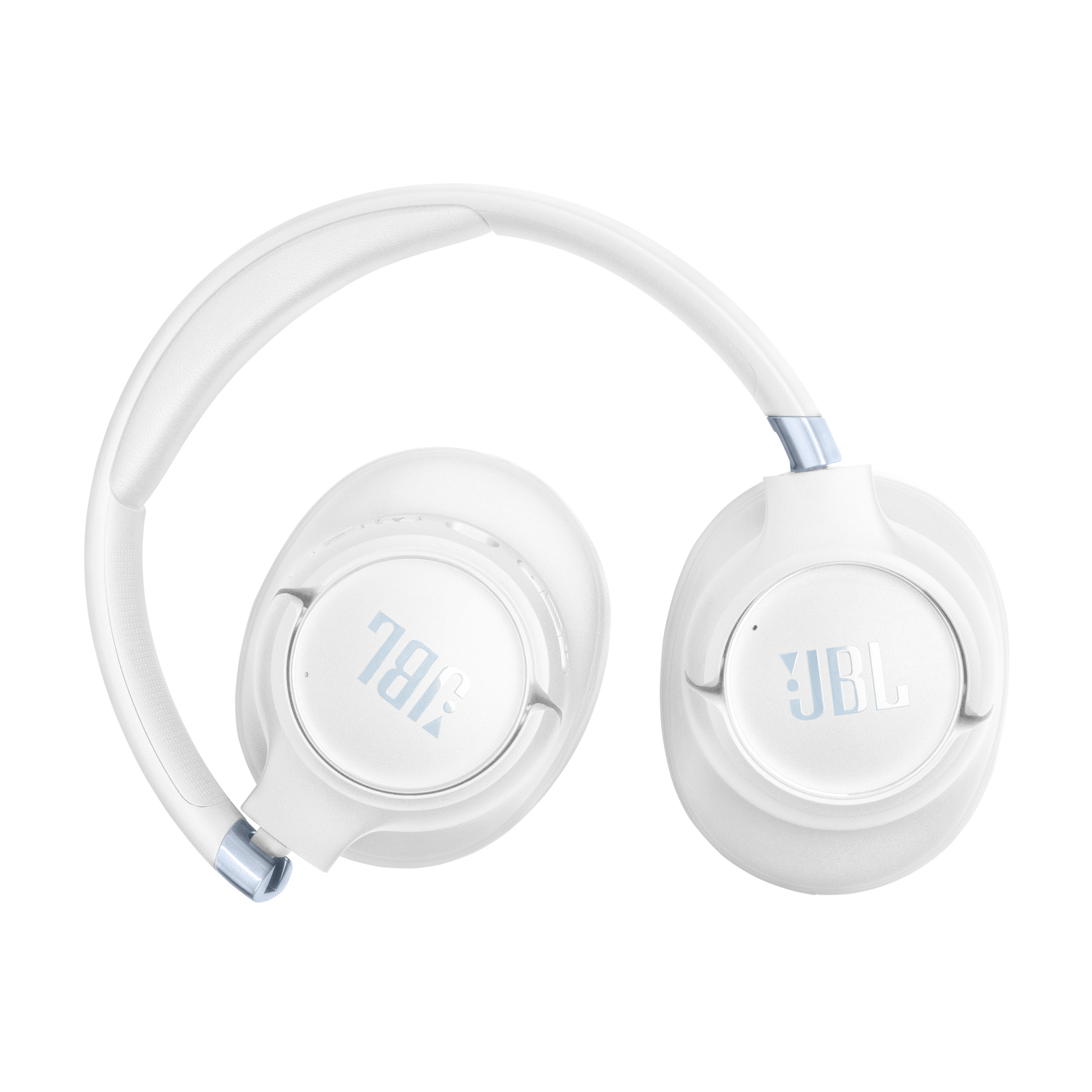 Cuffie JBL bianche con accento blu, su sfondo bianco.