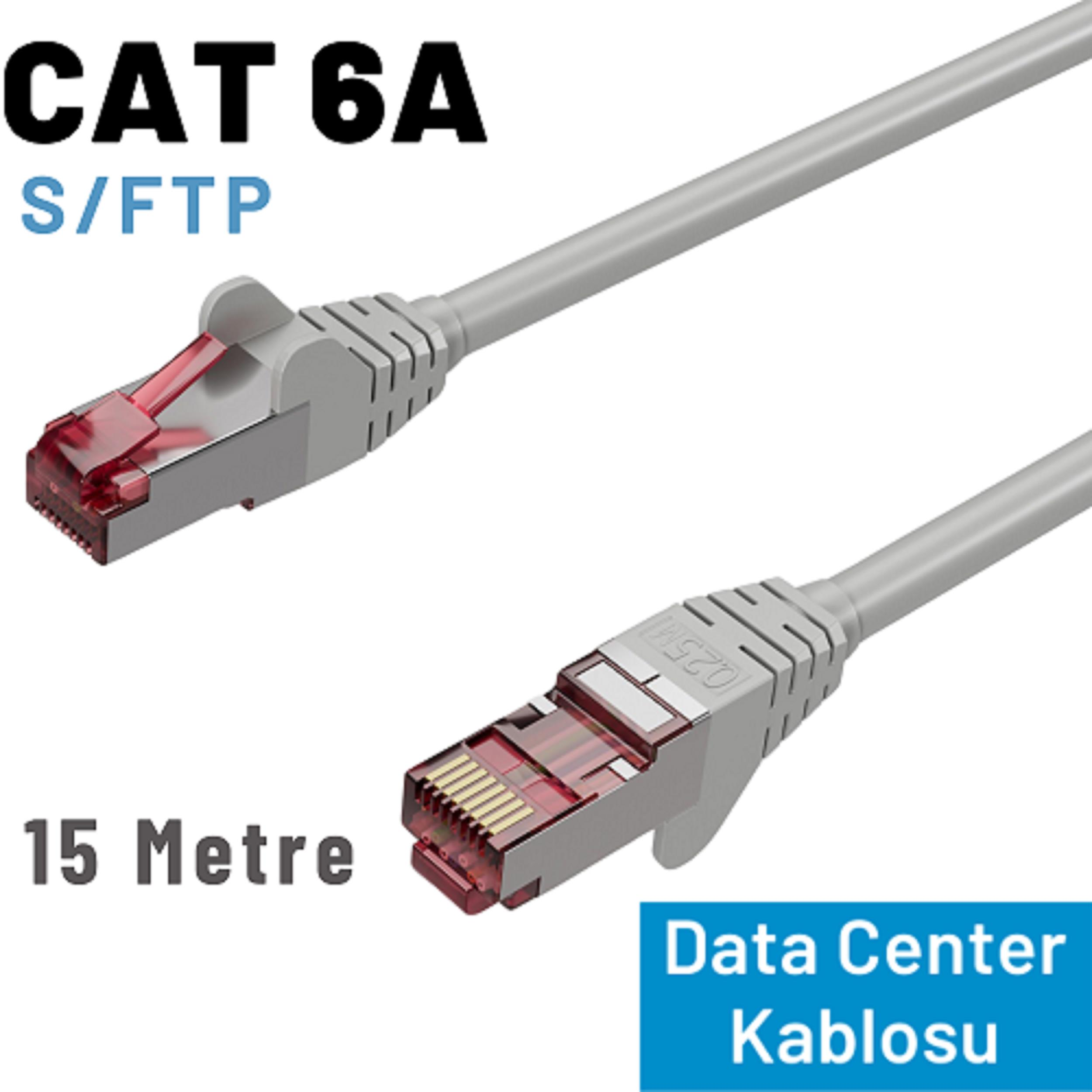 Gri CAT 6A S/FTP kablo, 15 metre, kirmizi konektörlü.