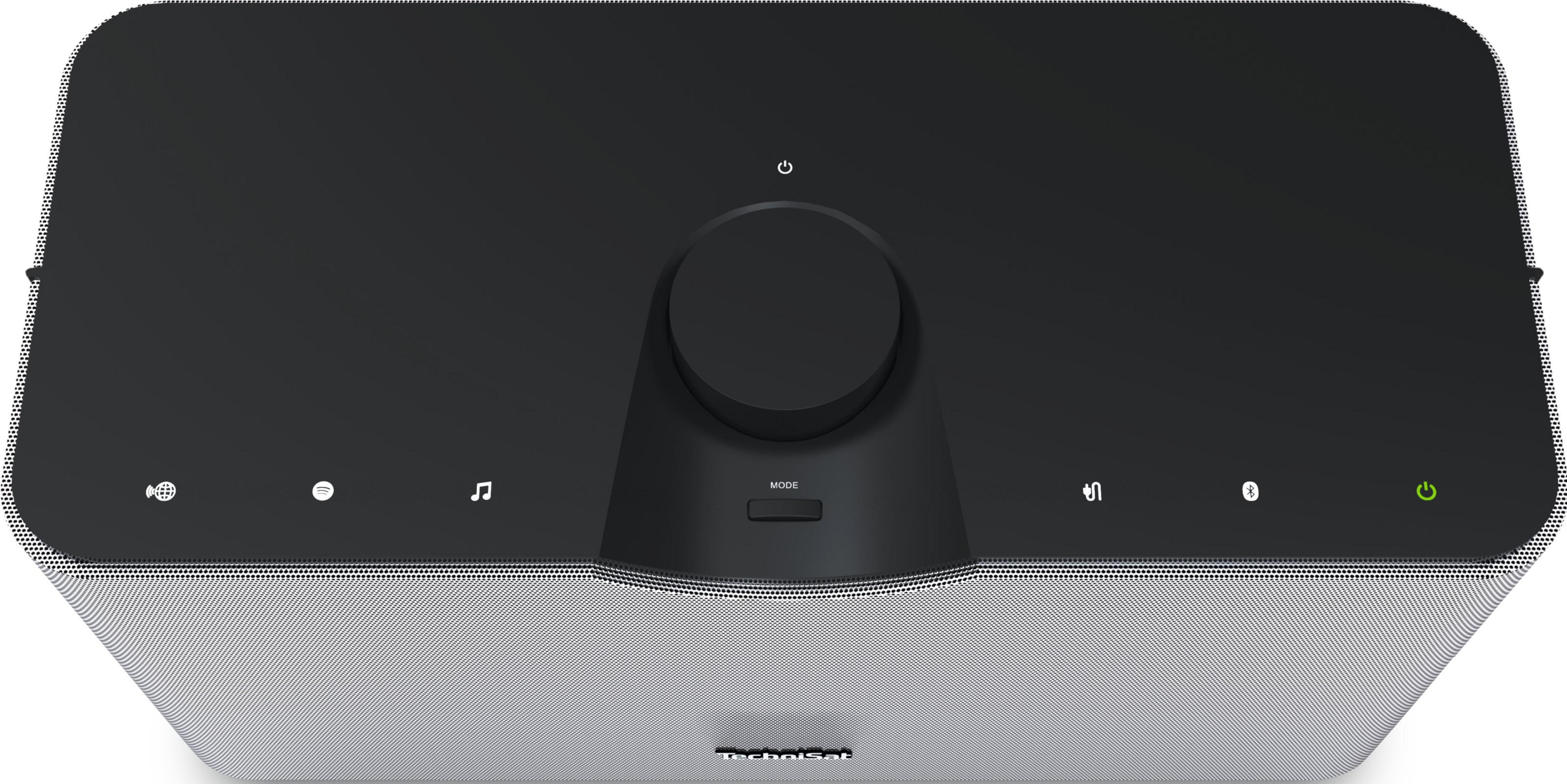 Czarny głośnik z pokrętłem, przyciskami i ikonami zasilania, muzyki i Bluetooth.