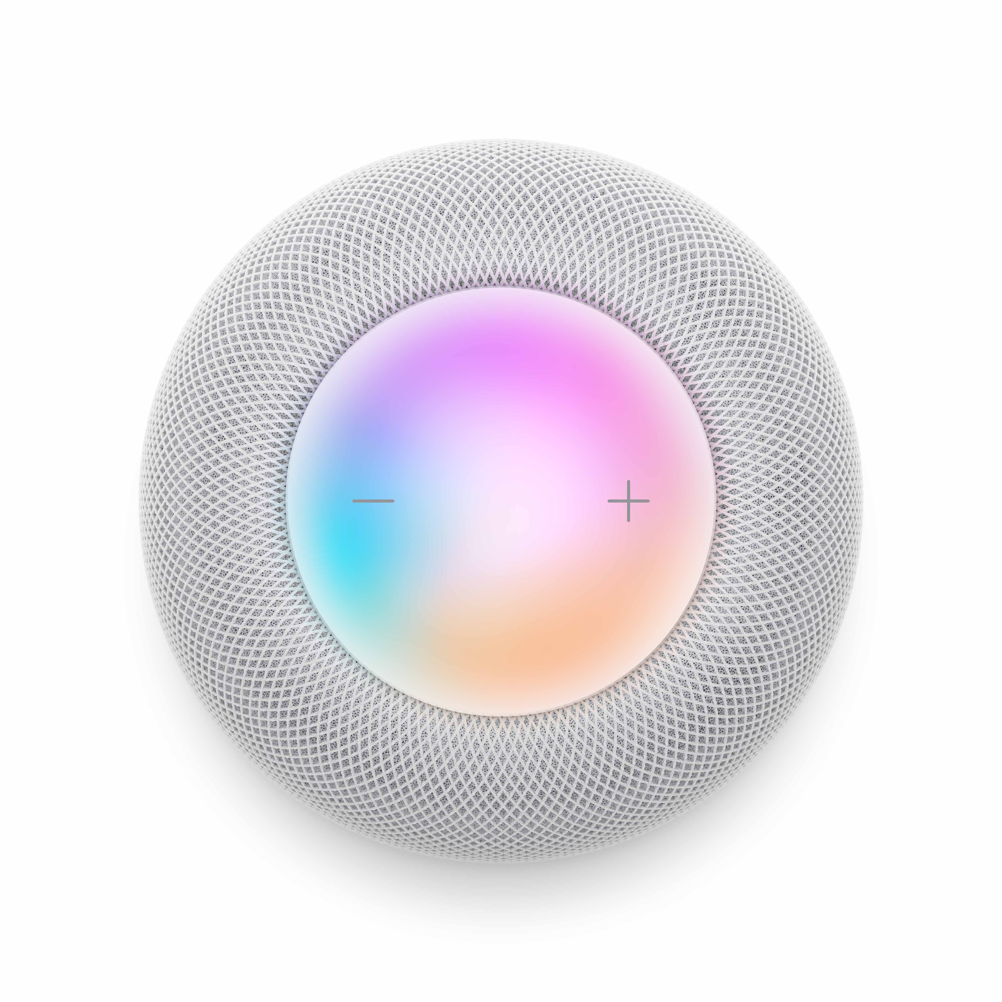 Altoparlante in tessuto grigio con parte superiore multicolore luminosa e simboli più/meno.