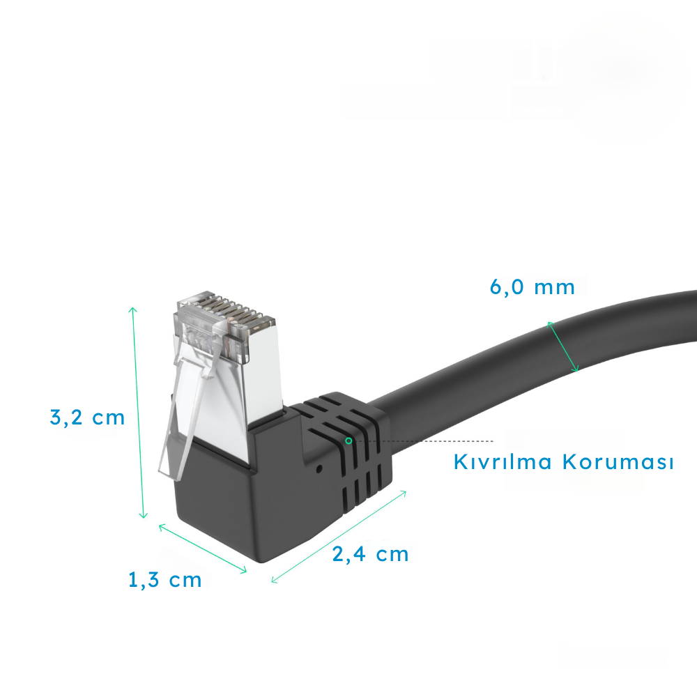 RJ45 konnektörlü siyah Ethernet kablosu, boyutları gösteriyor.