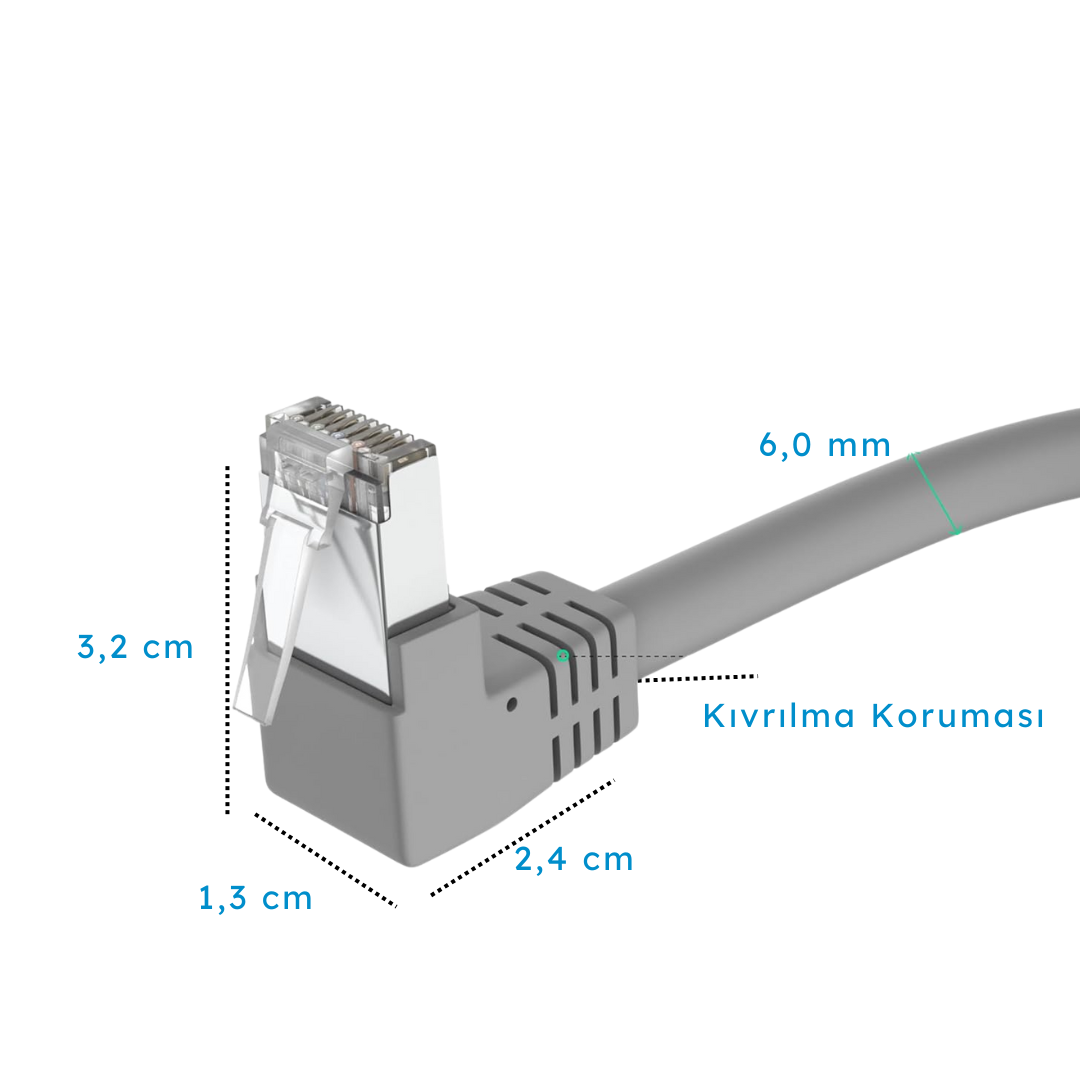 Gri ağ kablosu konektörü boyutlar: 3,2x1,3cm, 2,4cm ve 6mm. Kablo bükülme koruması.