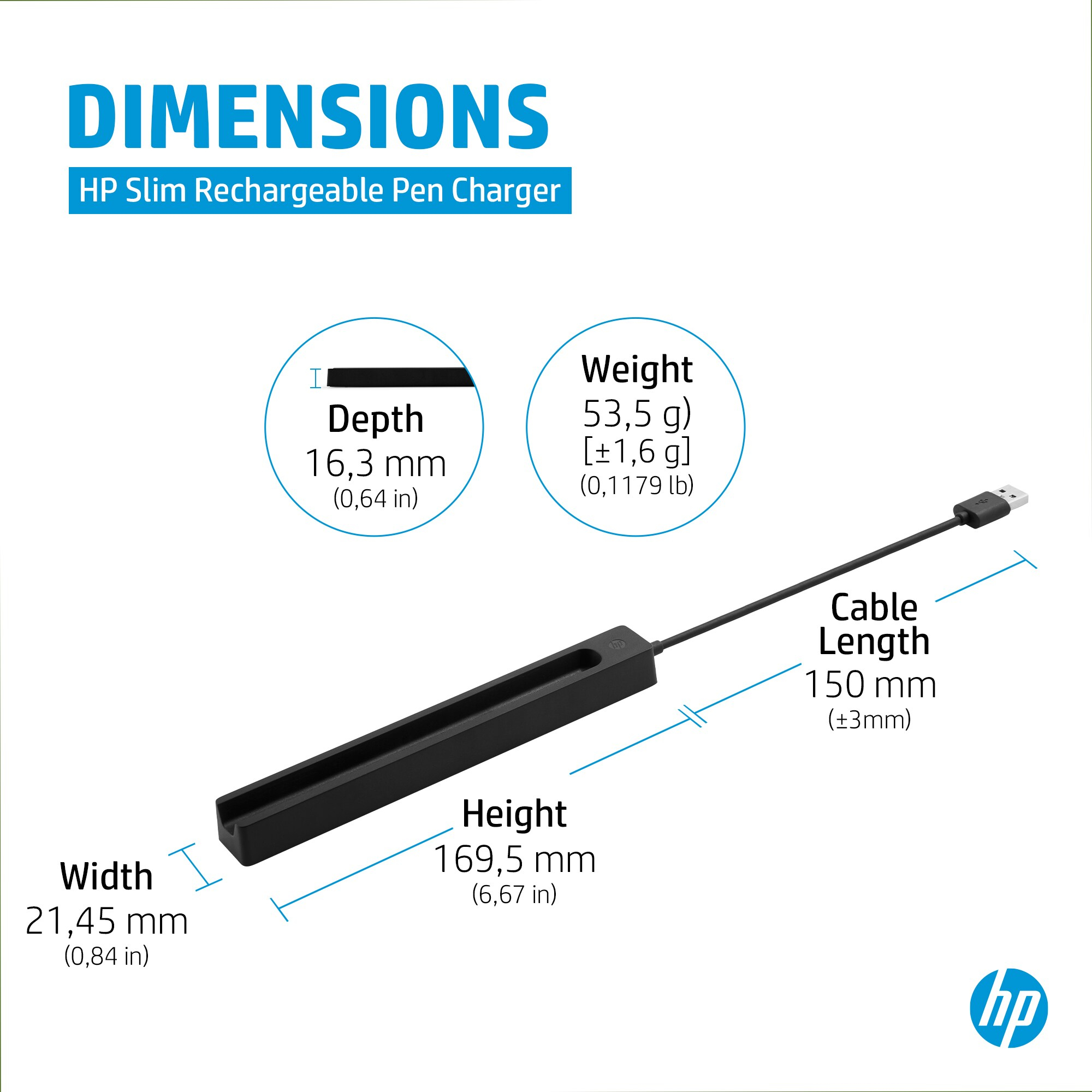 Caricatore nero HP Slim con cavo USB. Dimensioni: Larghezza 21,45 mm, Profondità 16,3 mm, Altezza 169,5 mm. Peso 53,5 g. Lunghezza cavo 150 mm.
