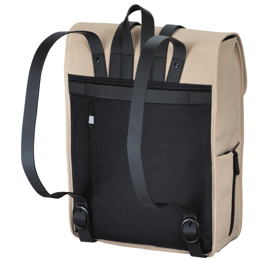 Beiger Rucksack mit schwarzen Trägern und Reißverschlusstaschen.