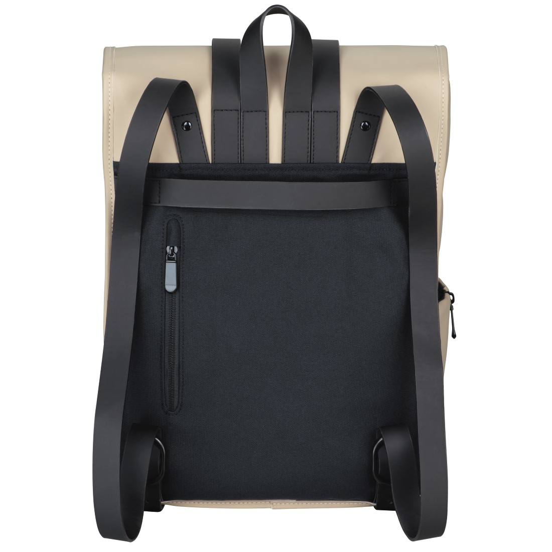 Rückansicht eines beigefarbenen Rucksacks mit schwarzen Trägern und Reißverschlusstasche.