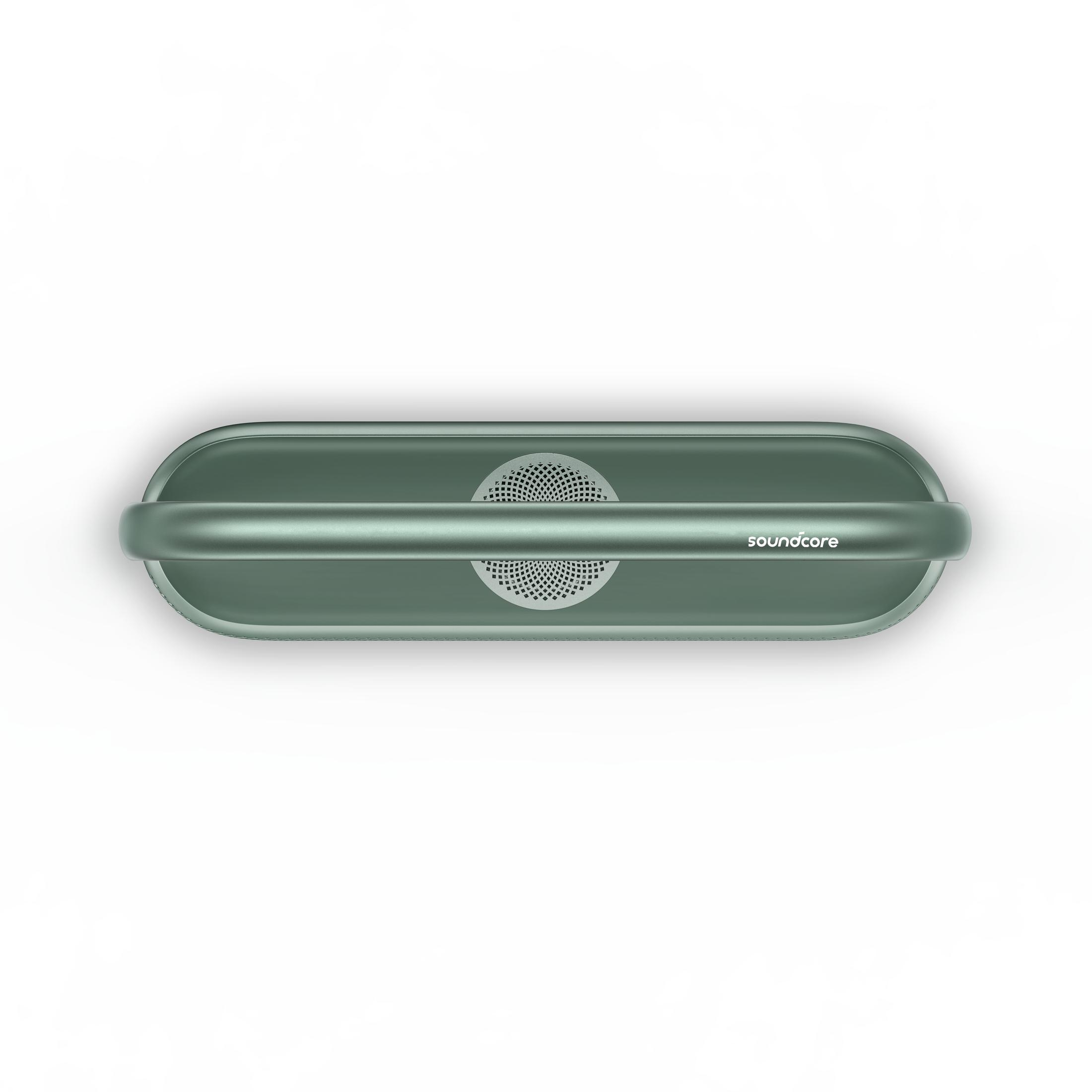 Zielony owalny głośnik z uchwytem i grillem.