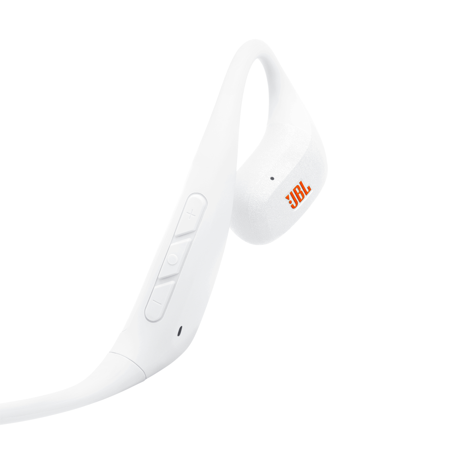 Cuffie JBL bianche con gancio e logo arancione. Pulsanti volume visibili.
