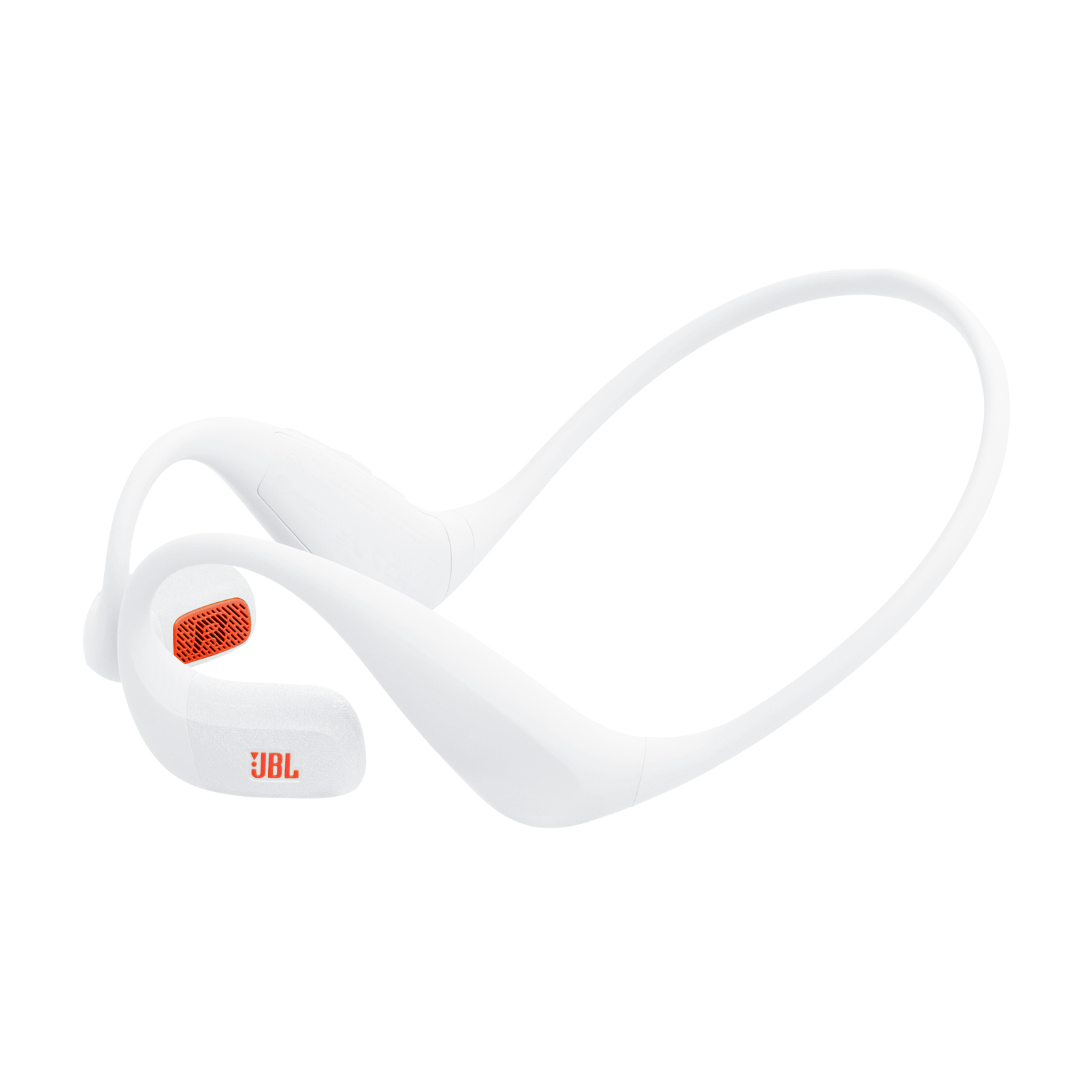 Cuffie JBL bianche con accenti arancioni su sfondo bianco.