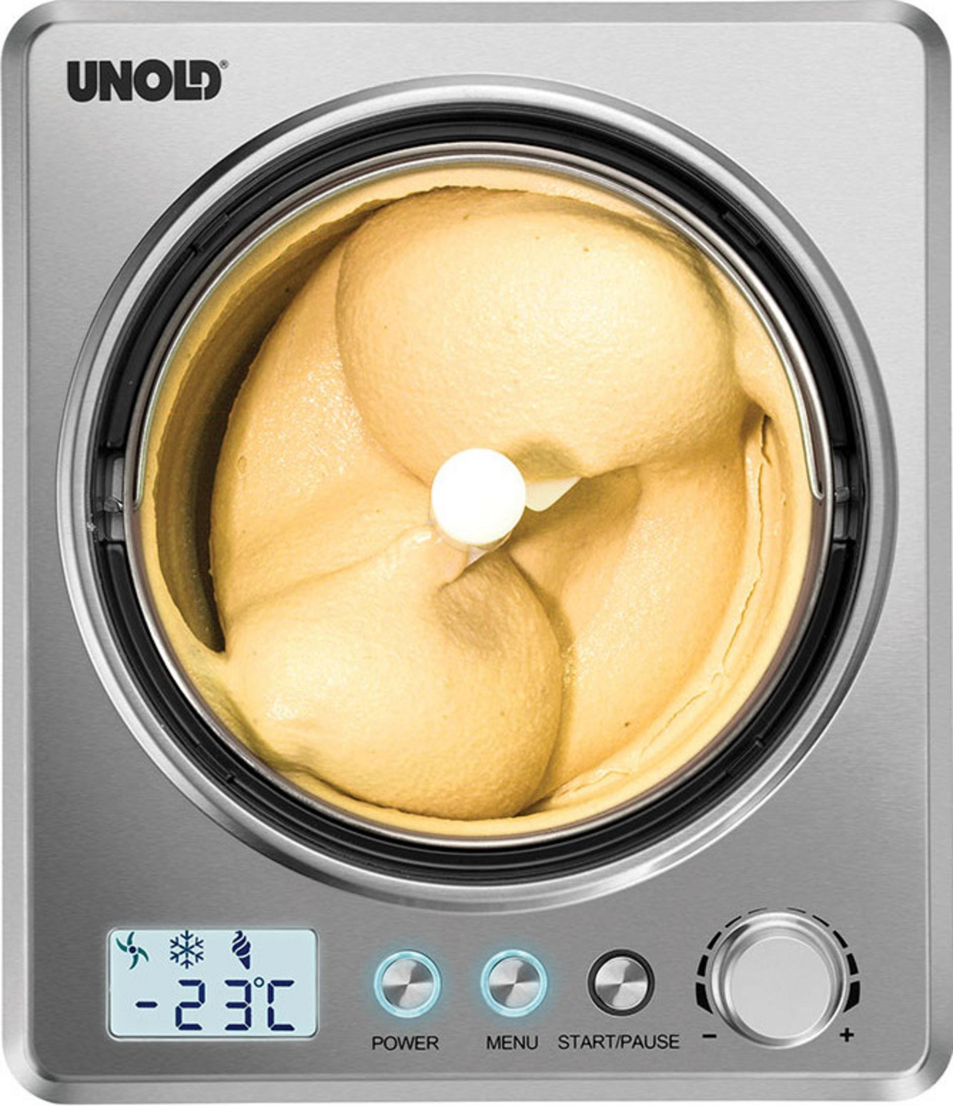 Maszyna do lodów UNOLD z kremową masą lodową, wyświetlaczem temperatury i kontrolkami.
