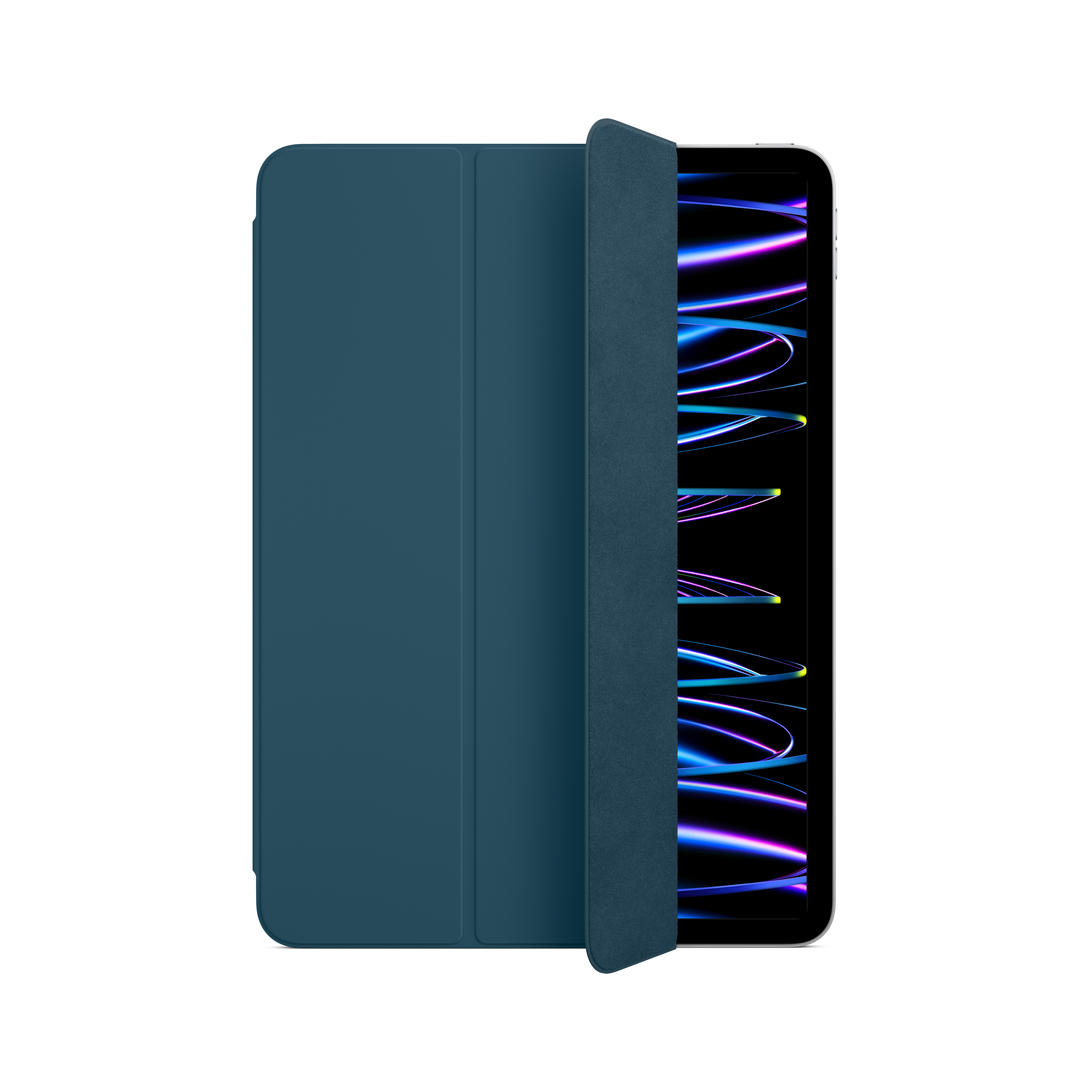 Ein blauer Tablet-Ständer mit teilweise geöffnetem Bildschirm, der bunte Linien zeigt.