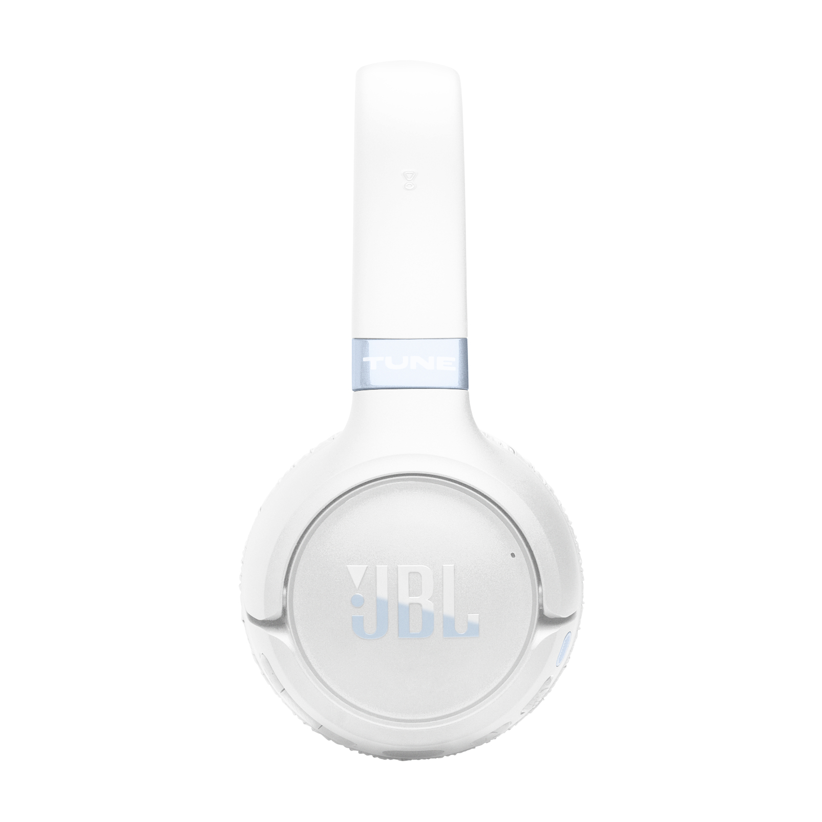 Casque blanc avec logo JBL et accents bleus.