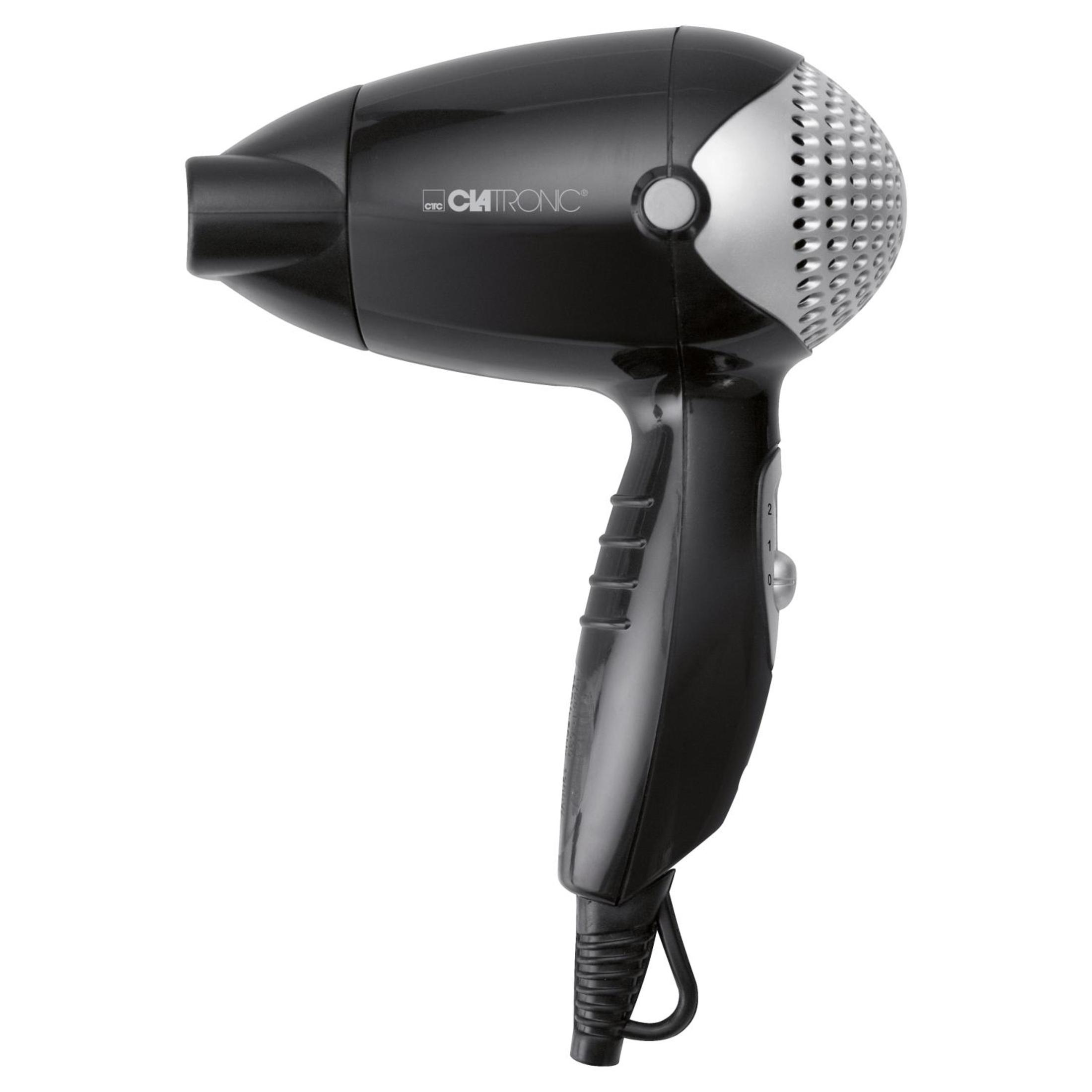 Czarna suszarka do włosów z srebrnymi akcentami i kratkami wentylacyjnymi.