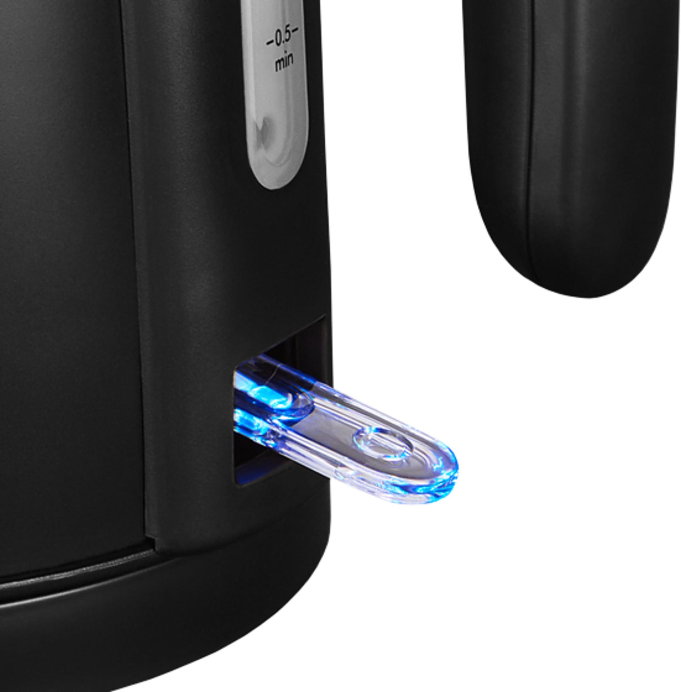 Zwarte waterkoker met gloeiende blauwe waterniveau-indicator.